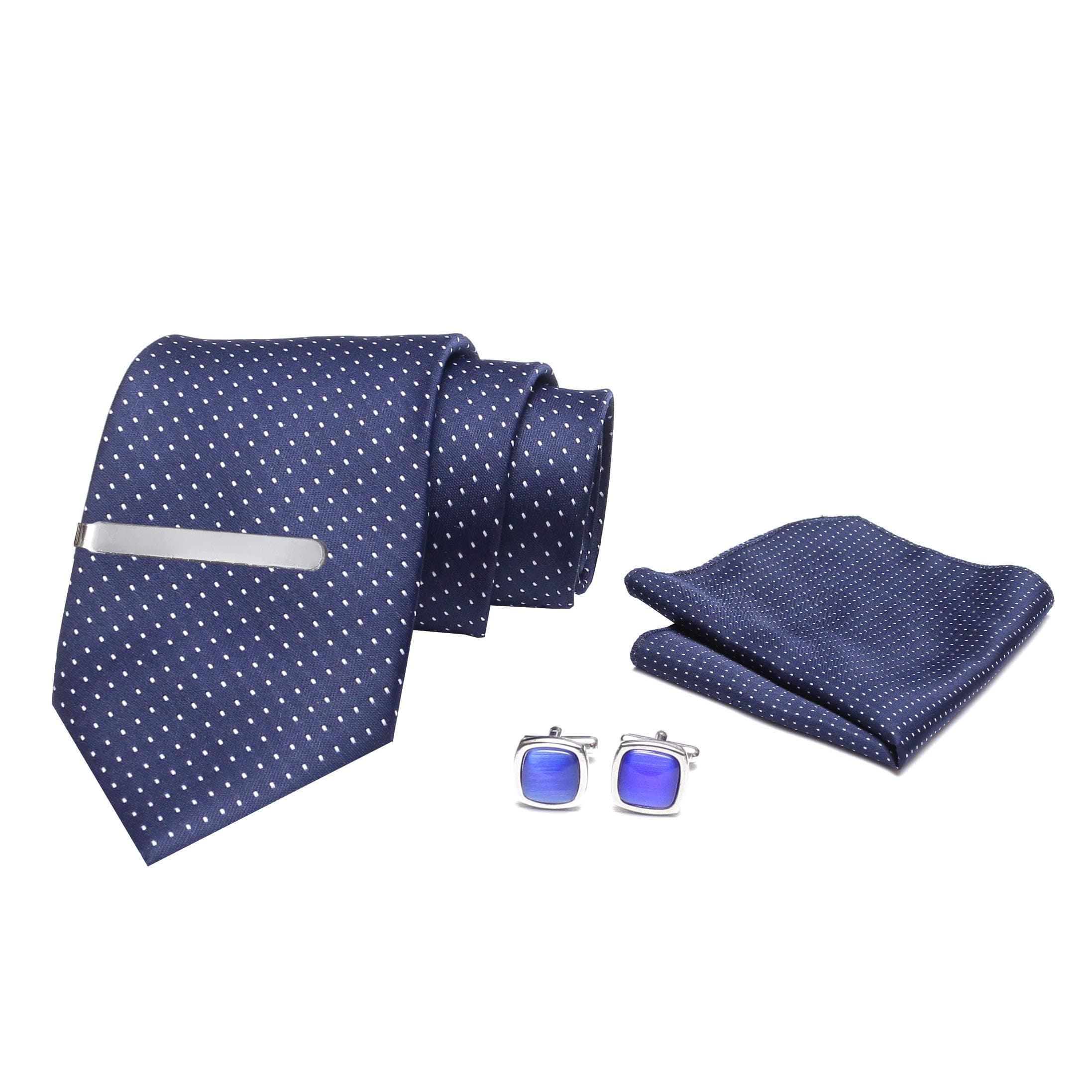 Tie for Men – Micro Silk Neck Ties Set with Cufflinks Flower Pin, Pocket Square & Black Gift Box, Combo Necktie Sets for Office Wear, Formal Suits & Weddings (Blue, DT001)