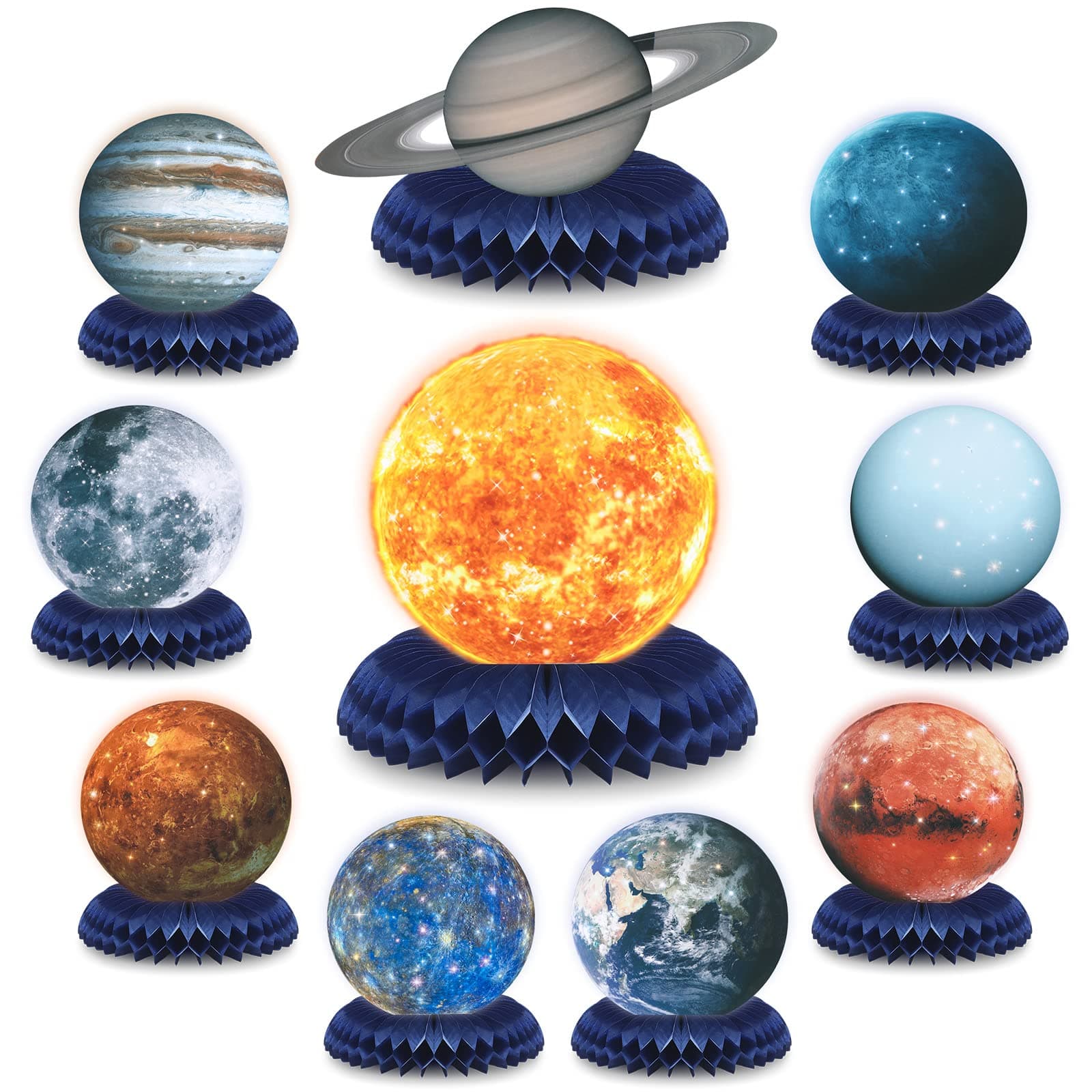 Space Solar System Theme Honeycomb Center Piece Table Toppers Space Party Supplies Planet Honeycomb Galaxy Photo Booth Props for Birthday Party Decoration 10pcs