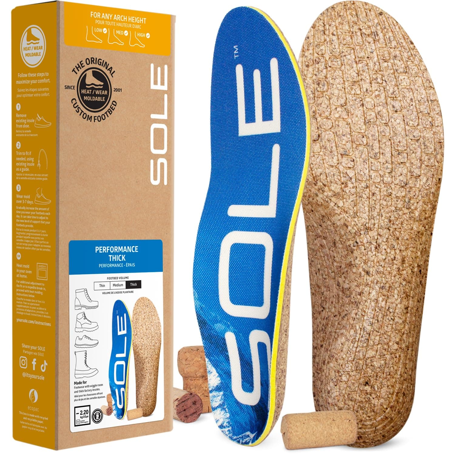 SOLE Performance Thick Insoles - Custom Moldable Orthotic Support for Any Arch Type, Plantar Fasciitis Relief - Mens Size 8/Womens Size 10, 1 Pair