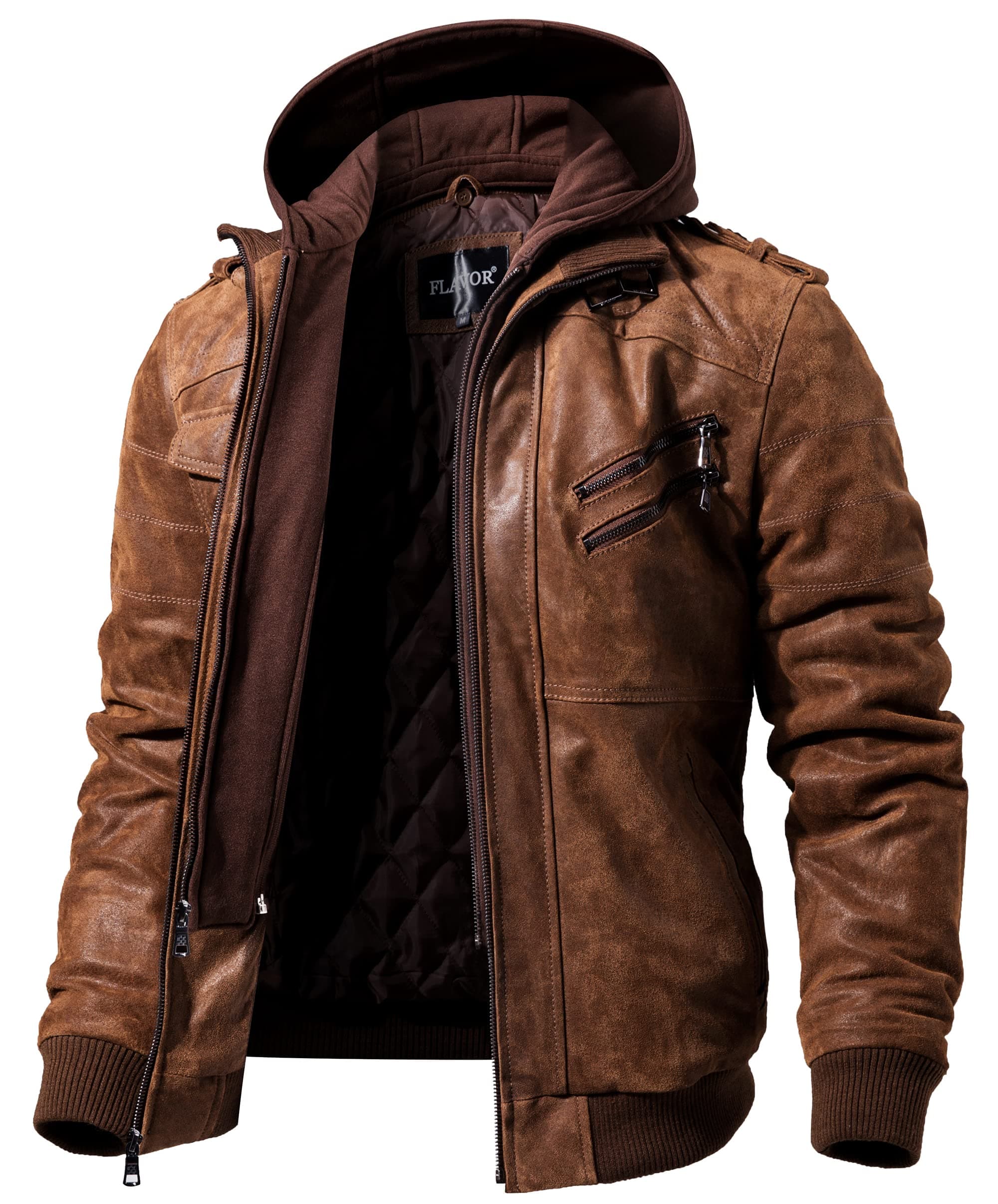 Men Brown Leather Motorcycle Jacket with Removable Hood