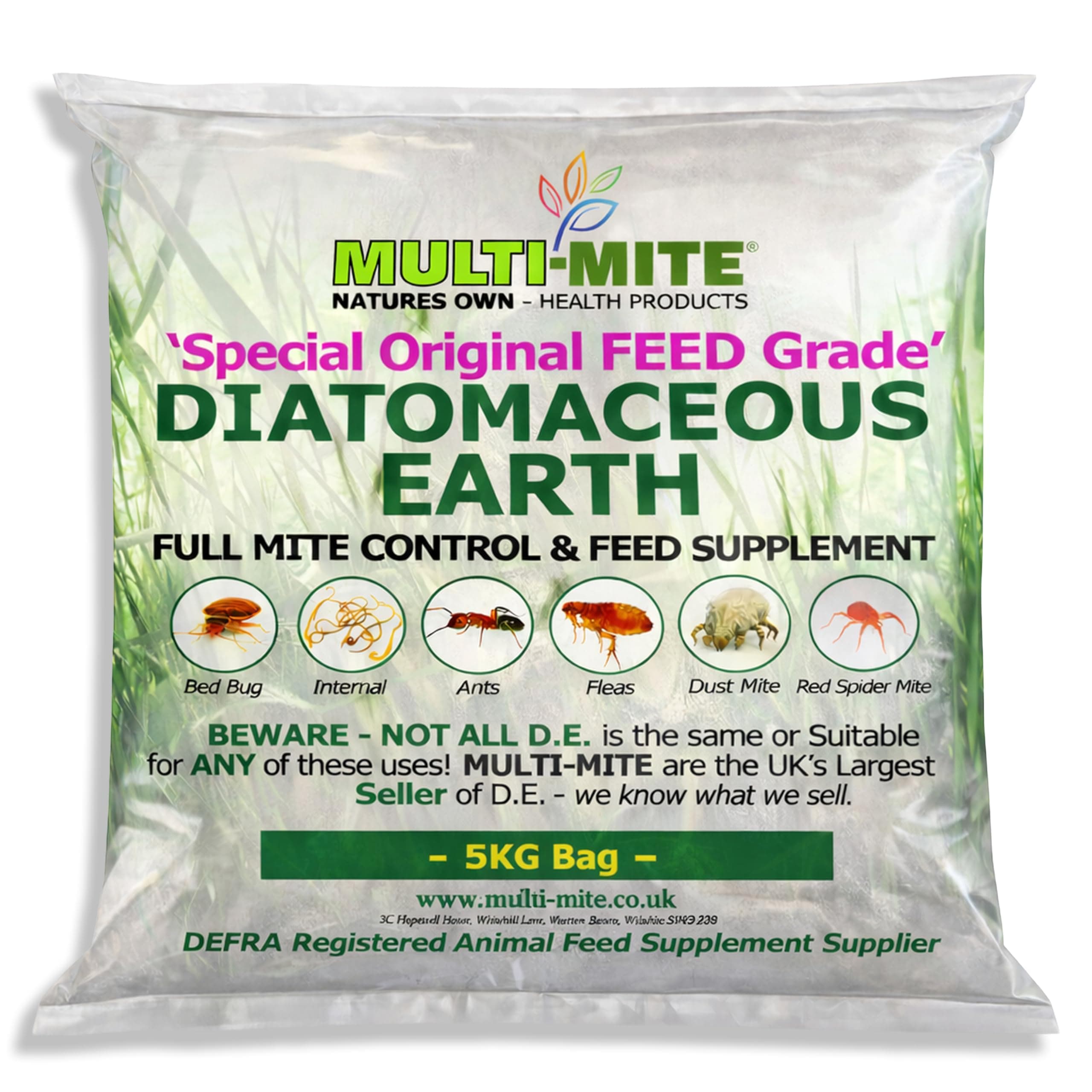 Multi-Mite 5KG DIATOMACEOUS EARTH Feed Grade DE Special Grade - 100% Natural - Red Mite Fleas & All Animal Lice Control Powder