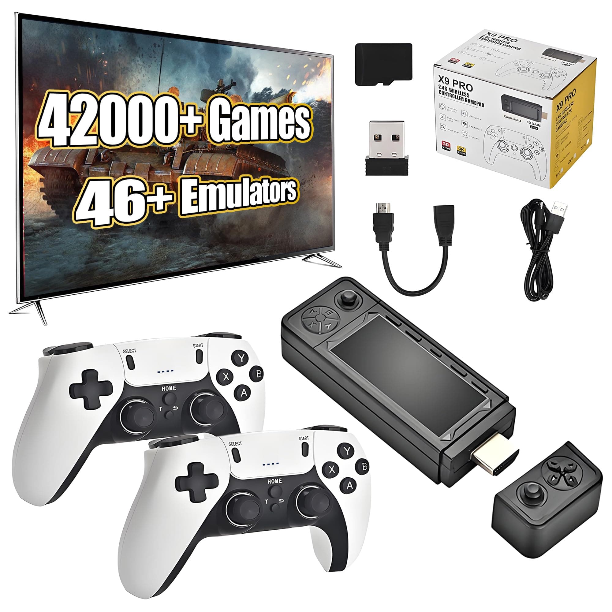 X9 Pro Retro Game Stick 4K,Preloaded Game Console 42000+ Classic Games 46+ Simulators, 2.4G Rechargeable Wireless Controllers, Plug and Play Retro TV Games (128G)