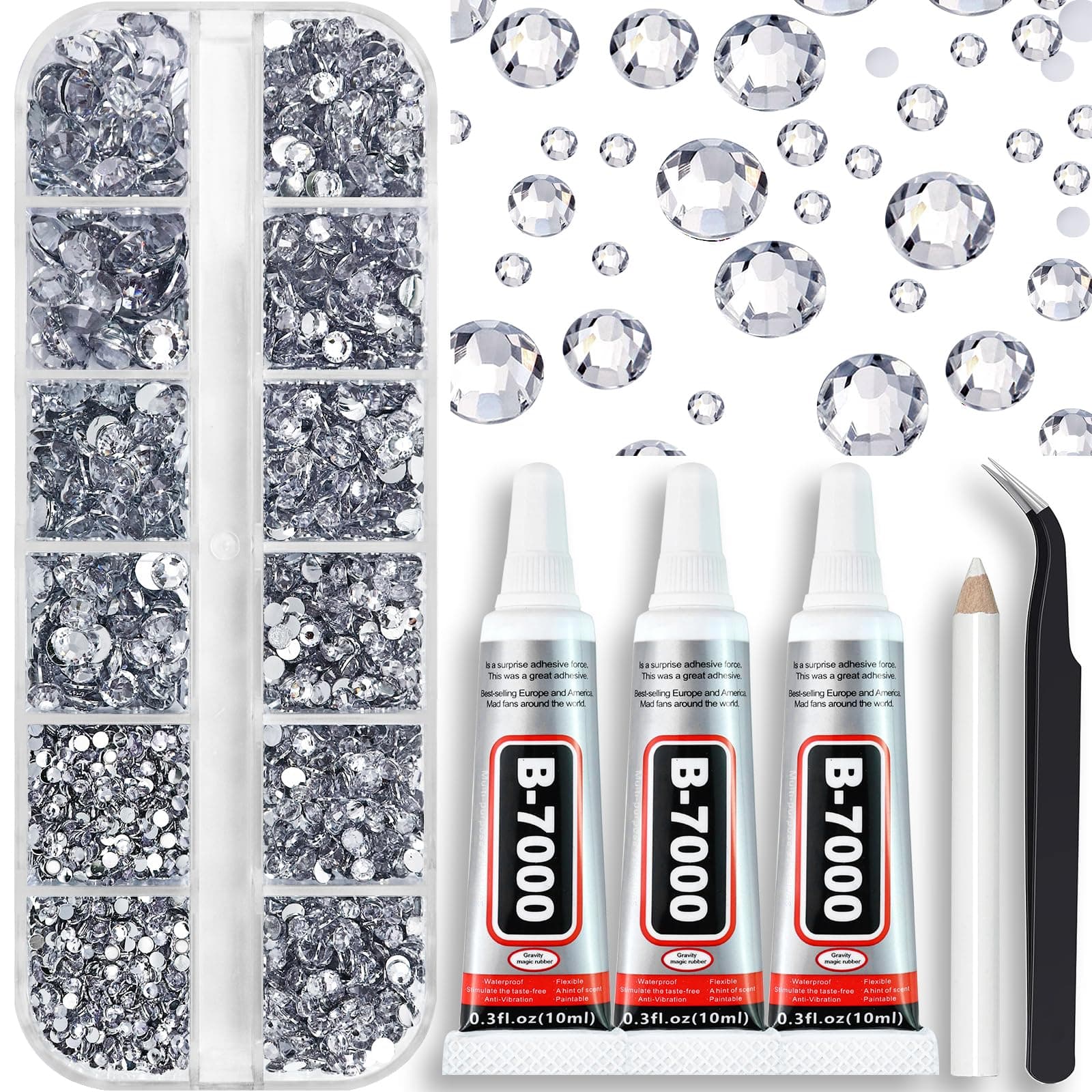 B7000 Clear Glue with 4000PCS Silver Clear Rhinestones for Crafts Clothing Fabric Shoes, Glue Fix Flatback Gems for Nails Face Jewelry, Mixed 5 Sizes 2mm 3mm 4mm 5mm 6mm Gemstones Bejeweled Kit