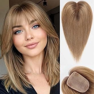 starluck Human Hair Toppers for Women Real Human Hair With Bangs 4 * 5.5 inch Base 12 inch SilkHug Topper for Women with Thinning Hair Cover Grey Roots(Ombre Light Brown)