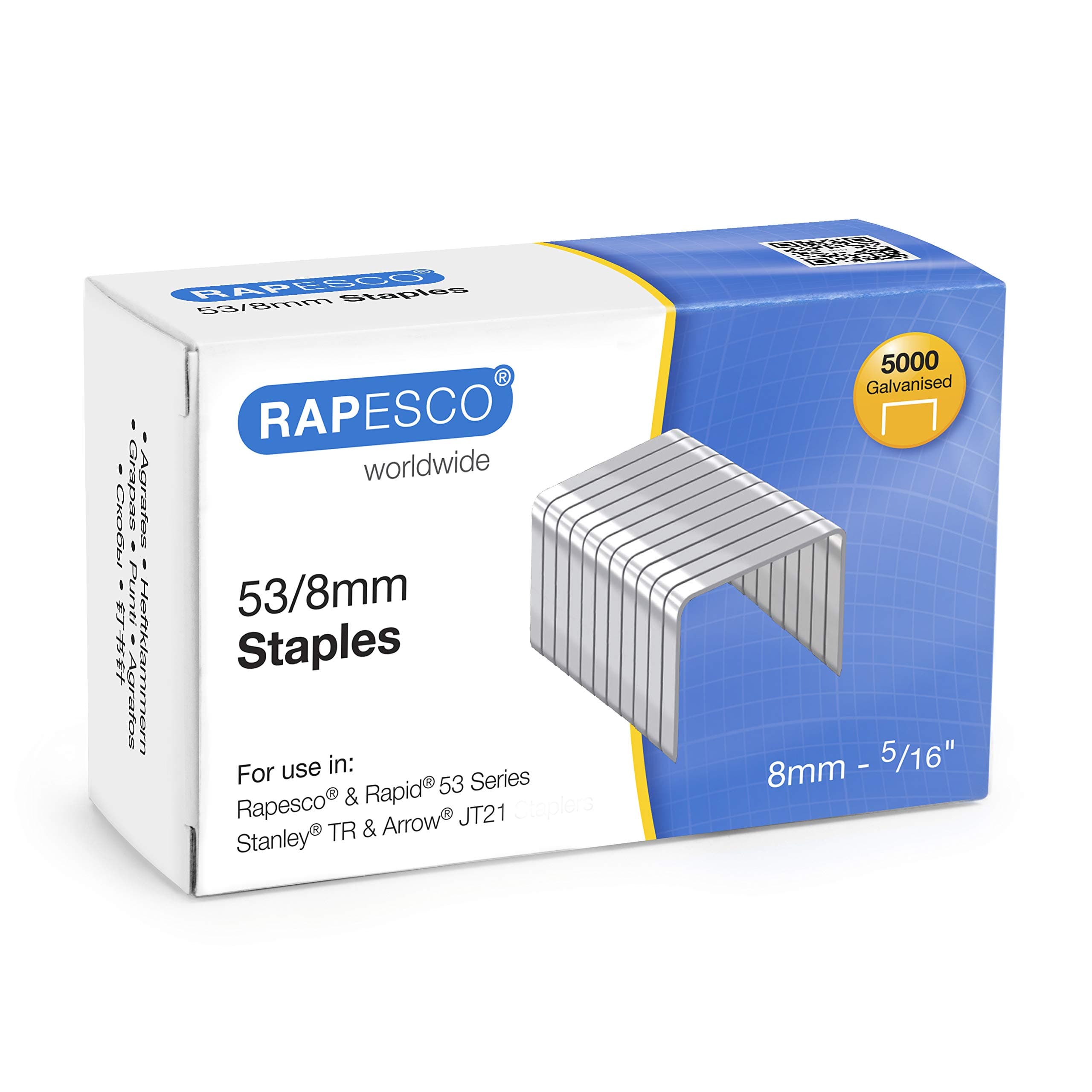 Rapesco 0750 Type 53/8 mm Galvanised Tacker Staples, Pack of 5000