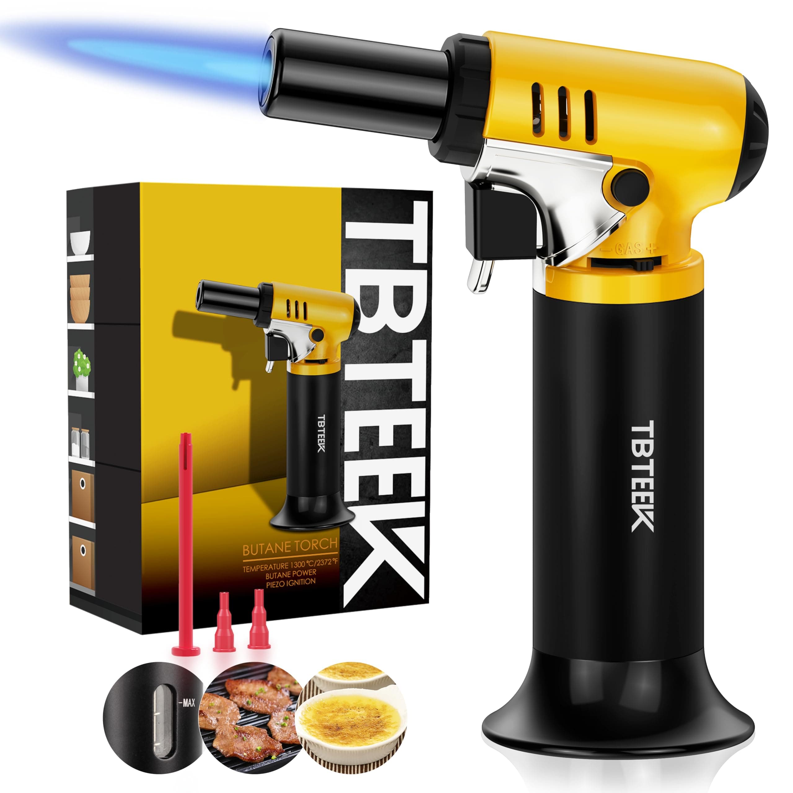 Kitchen Torch, One-Hand Operation Butane Torch Lighter with Gas Gauge, Adjustable Flame for BBQ, Baking, Brulee Creme, Crafts and Soldering(Butane Gas Not Included)