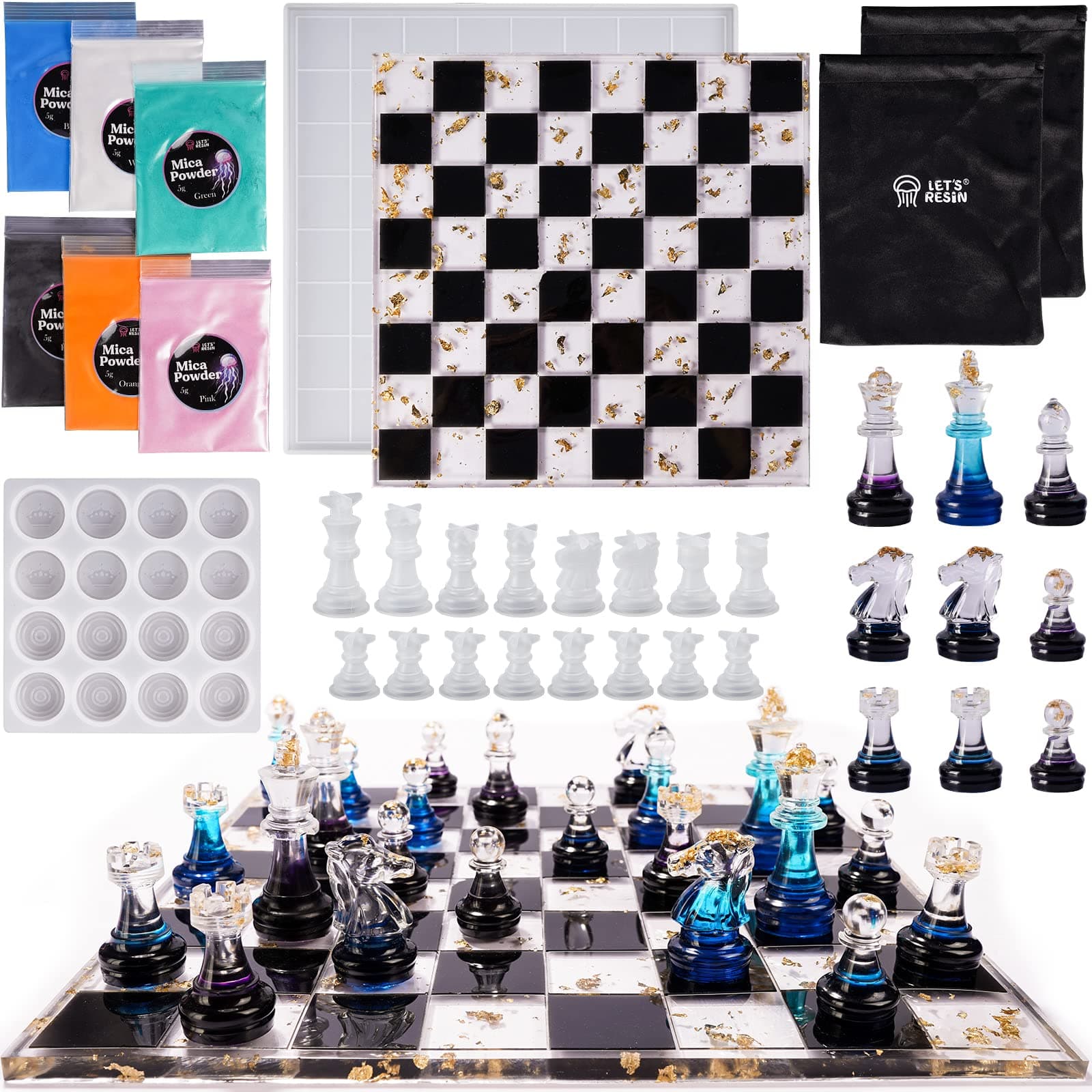 LET'S RESIN Chess Molds for Resin Casting, Upgraded Resin Chess Set Mold with 16 Piece 3D Full Size Chess Checkers & Chess Board Epoxy Silicone Resin Molds, DIY Chess Board Game for Kids & Adults