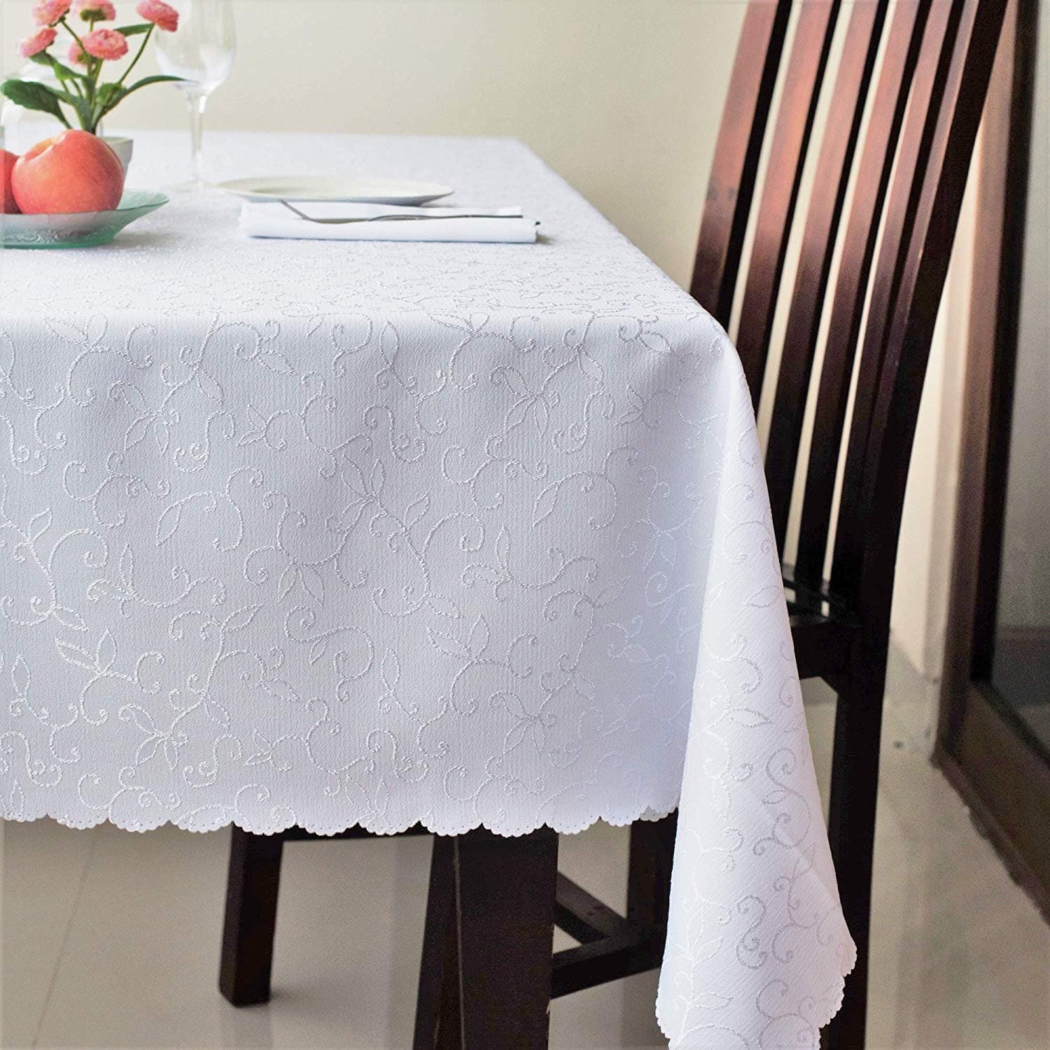 Stain Resistant Turkish White Tablecloth Polyester Table Linen, Rectangular, Square, Round, Washes Easily, Non Iron - Thanksgiving, Christmas, Dinner, Easter, Wedding (WHITE, Rectangle 60"x140")