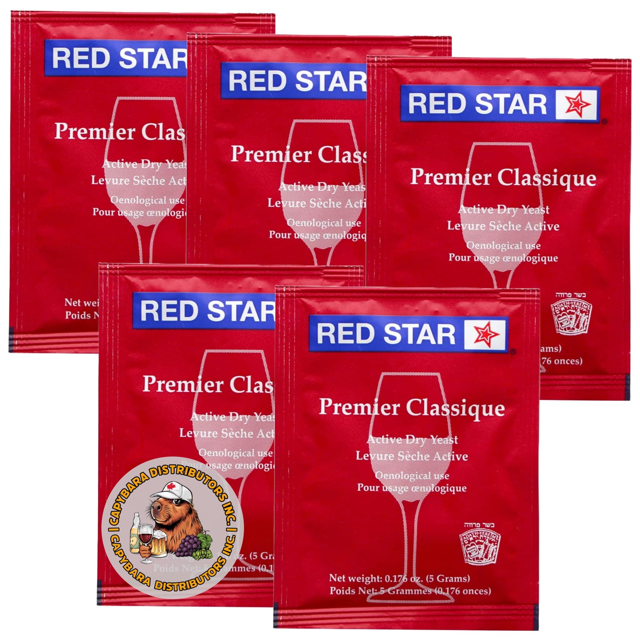 Red Star Premier Classique Wine Yeast (5 Pack) - Great for Making Wine Cider Mead Kombucha at Home - 5 g Sachets - Saccharomyces cerevisiae - Sold by CAPYBARA Distributors Inc.