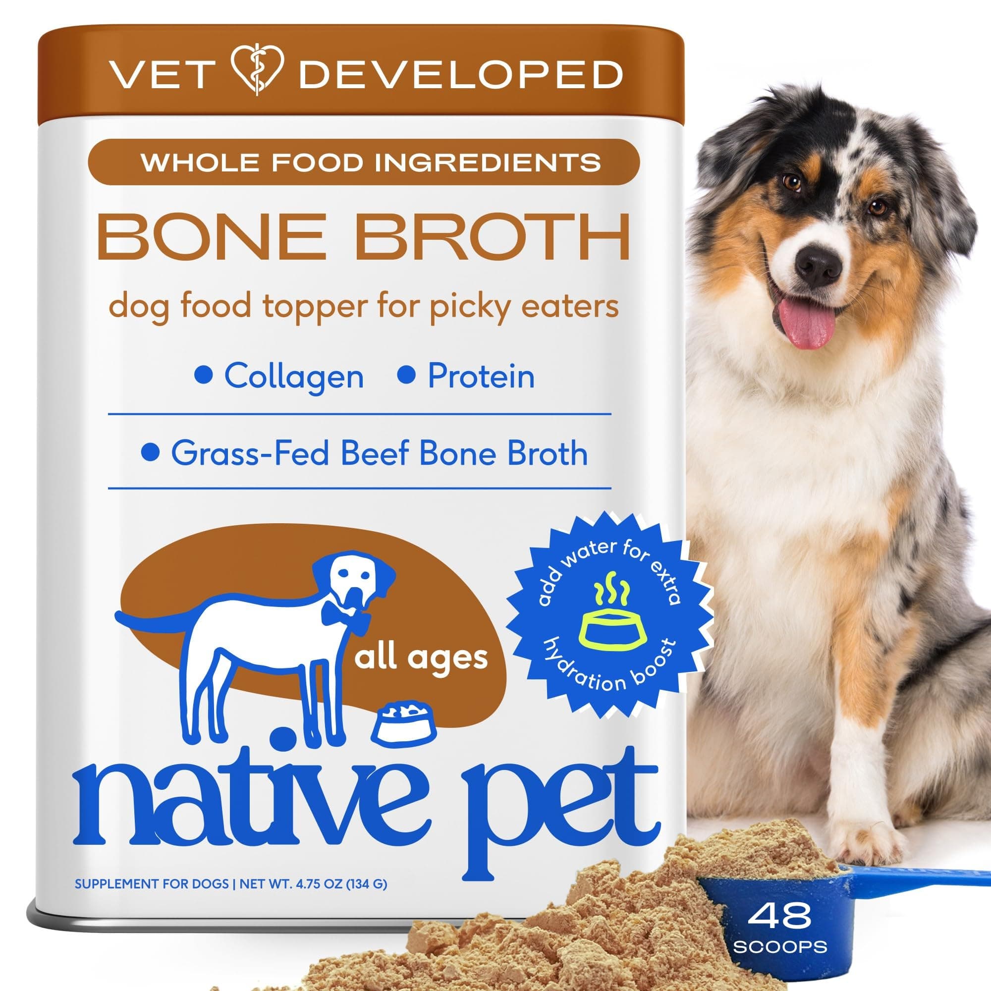 Bone Broth for Dogs - Made with Real Beef Bone Broth, Dog Food Toppers for Picky Eaters - Provides Extra Hydration & Nutrition for Joint Strength, Immunity & Heart Health-48 Scoops