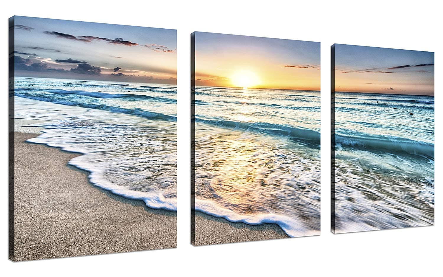 TutuBeer 3 Panel Beach Canvas Wall Art for Home Decor Blue Sea Sunset White Beach Painting the Picture Print on Canvas Seascape the Pictures for Home Decor Decoration,Ready to Hang