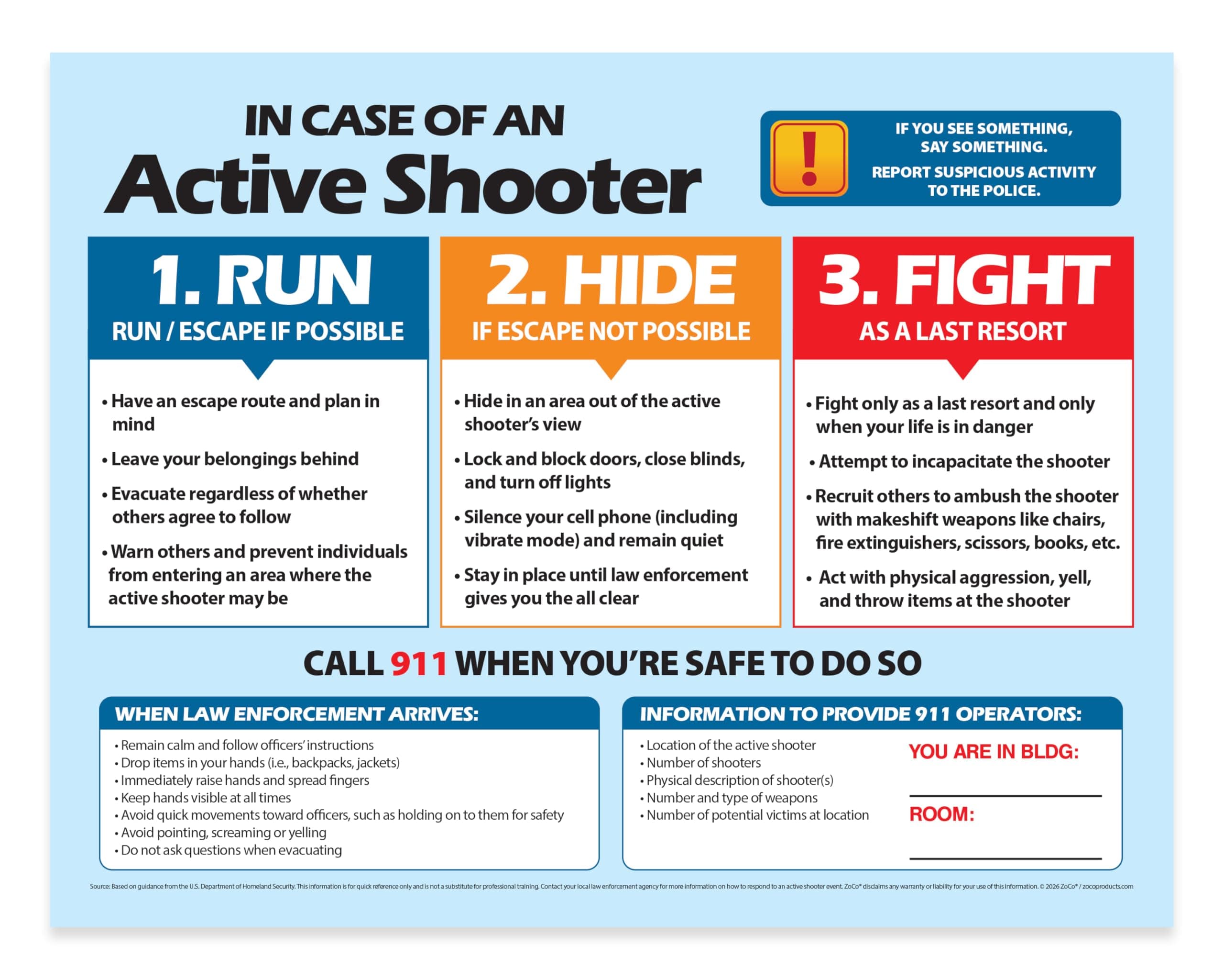 Active Shooter (Run, Hide, Fight) Posters - School and Workplace Safety Poste...