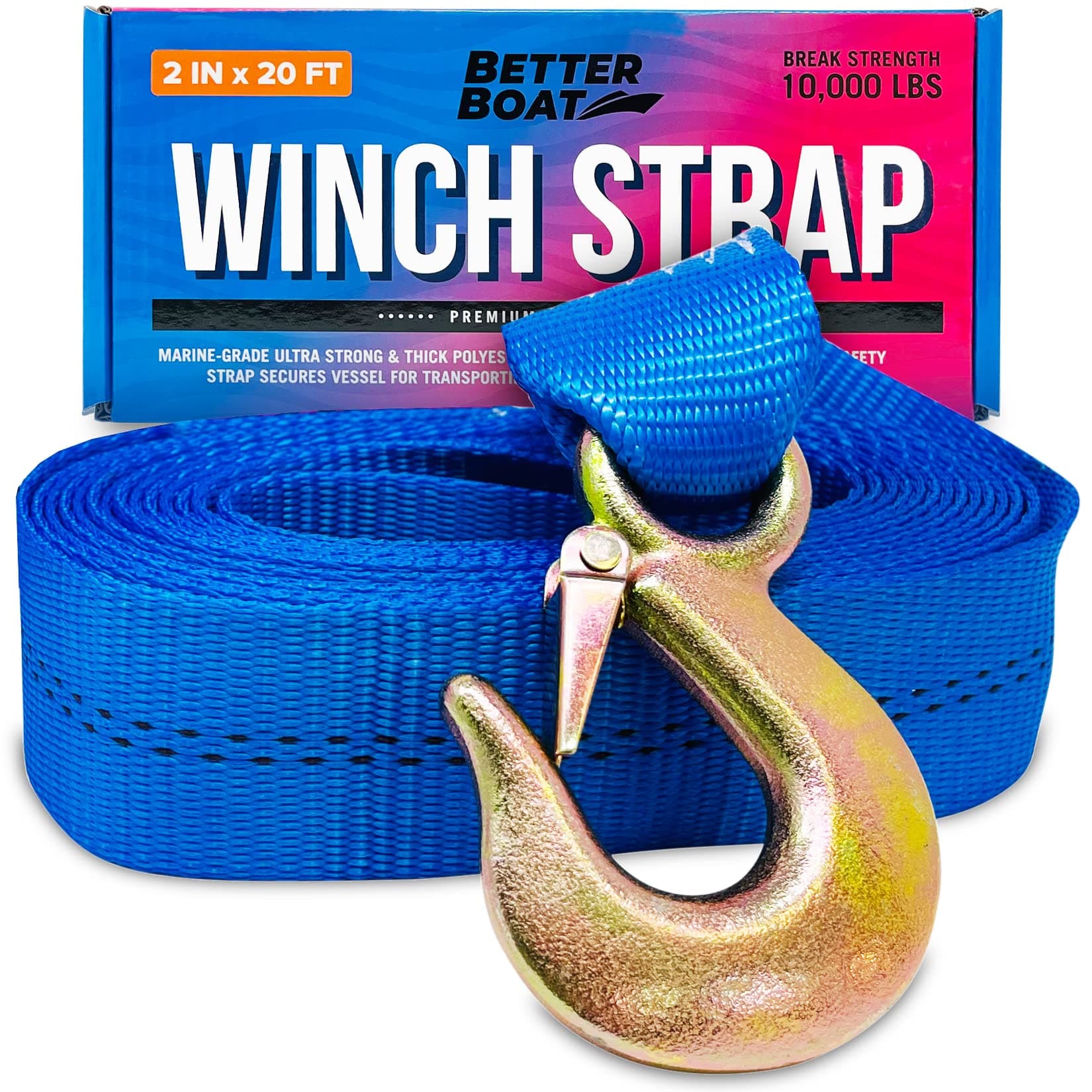 Better Boat Heavy Duty Marine Grade Winch Strap with Hook, 2" x 20' for Boat, Jet Ski, Snowmobile Trailers, 10000Lbs