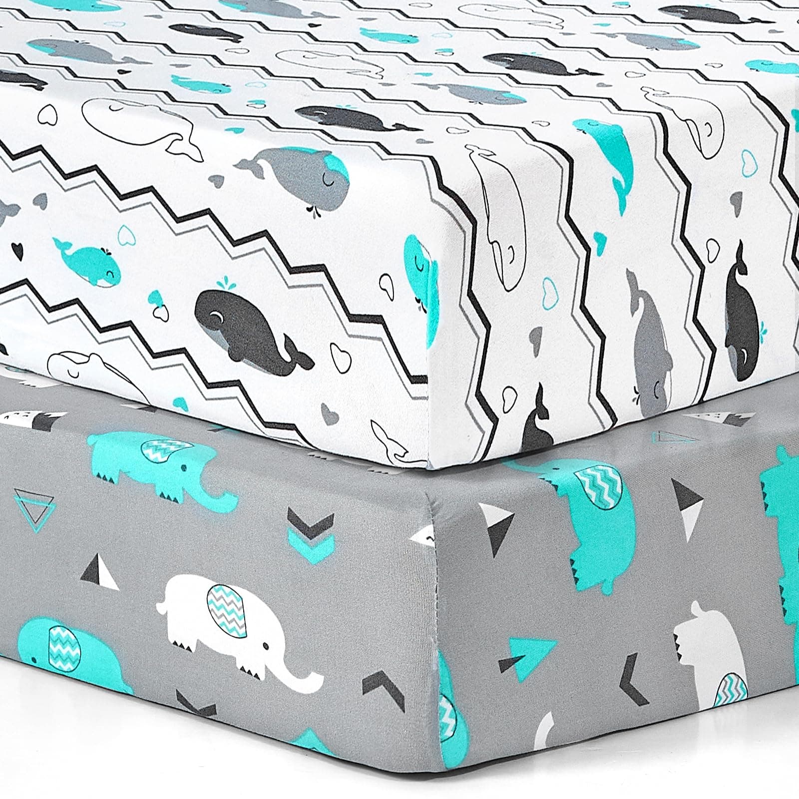 Pack n Play Stretchy Fitted Pack n Play Playard Sheet Set-Brolex 2 Pack Portable Mini Crib Sheets,Convertible Playard Mattress Cover,Ultra Soft Material,Elephant & Whale