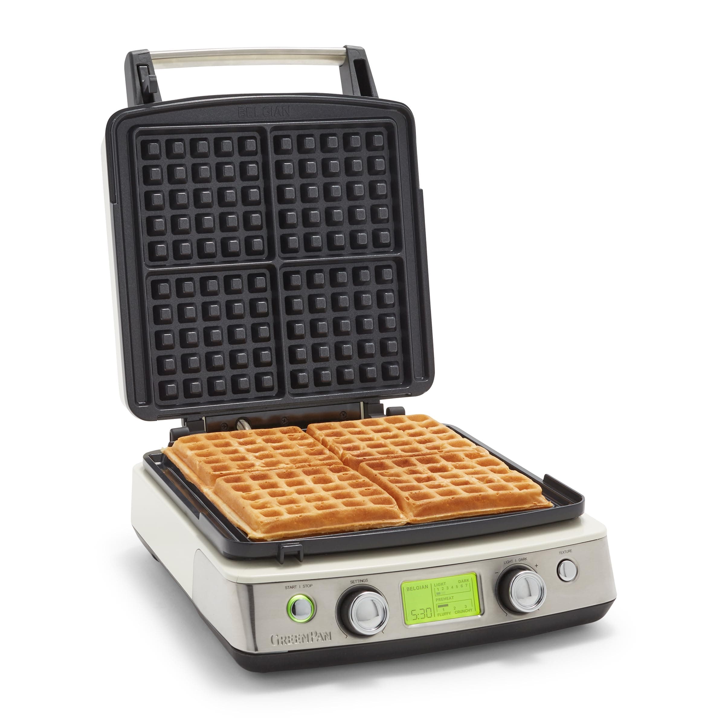 Elite 4-Square Belgian & Classic Waffle Maker,Healthy Ceramic Nonstick Dishwasher Safe Plates, Adjustable Shade/Crunch Control, Wont Overflow, Easy Cleanup Breakfast, PFAS-Free, White