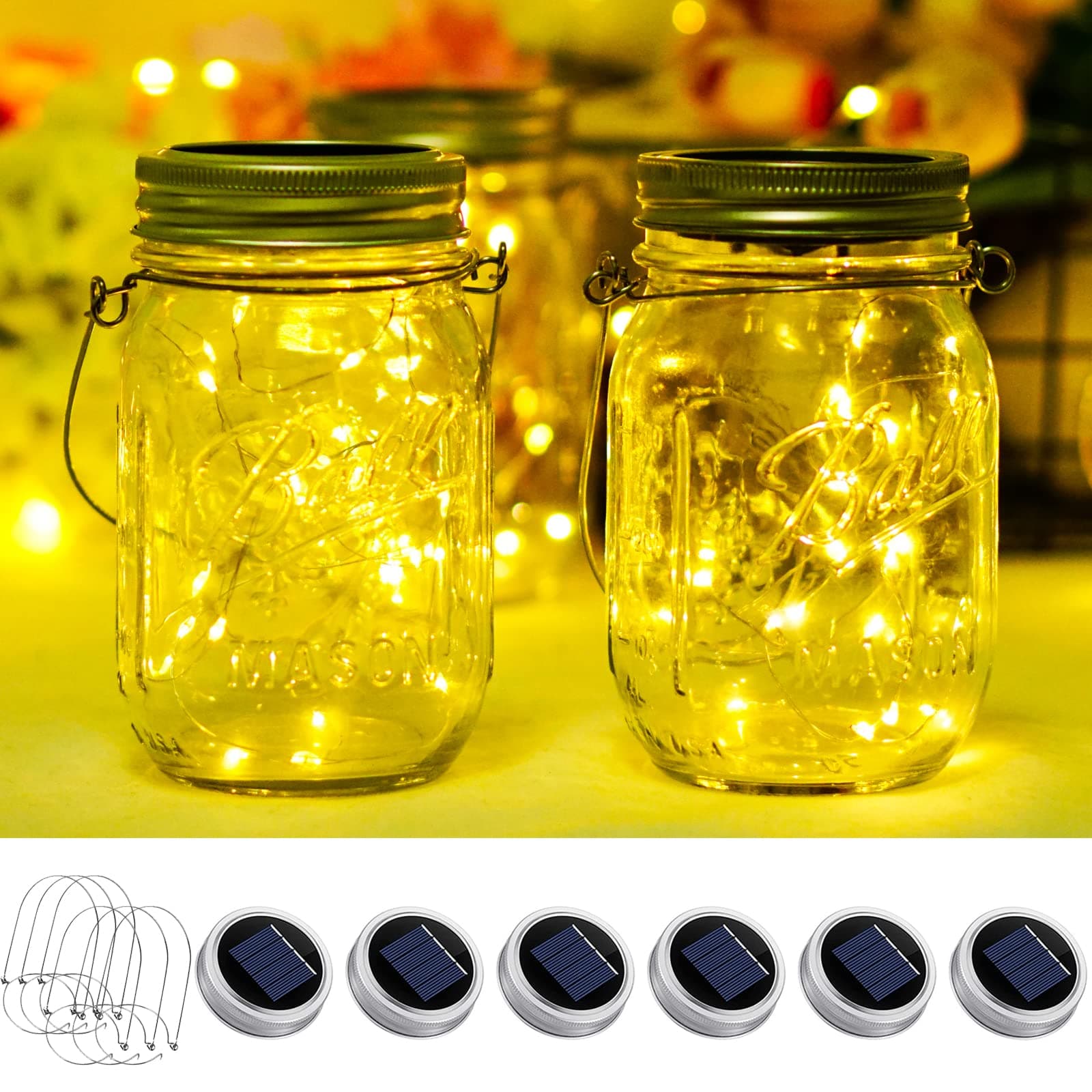 SmilingTown Mason Jar Lid Solar String Lights, Warm White 6 Pack 20 LED Waterproof Hanging Fairy Starry Lighting for Regular Mouth Jars Patio Wedding Lantern Table Decor (Warm White)