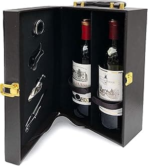 Elegant 2 Bottle Wine Box with Tools - in Black - Leather Bound with Carry Handle - Cork Screw, Pourer, Foil Cutter, Napkin/Drip Ring (Wine not Included) **Black**