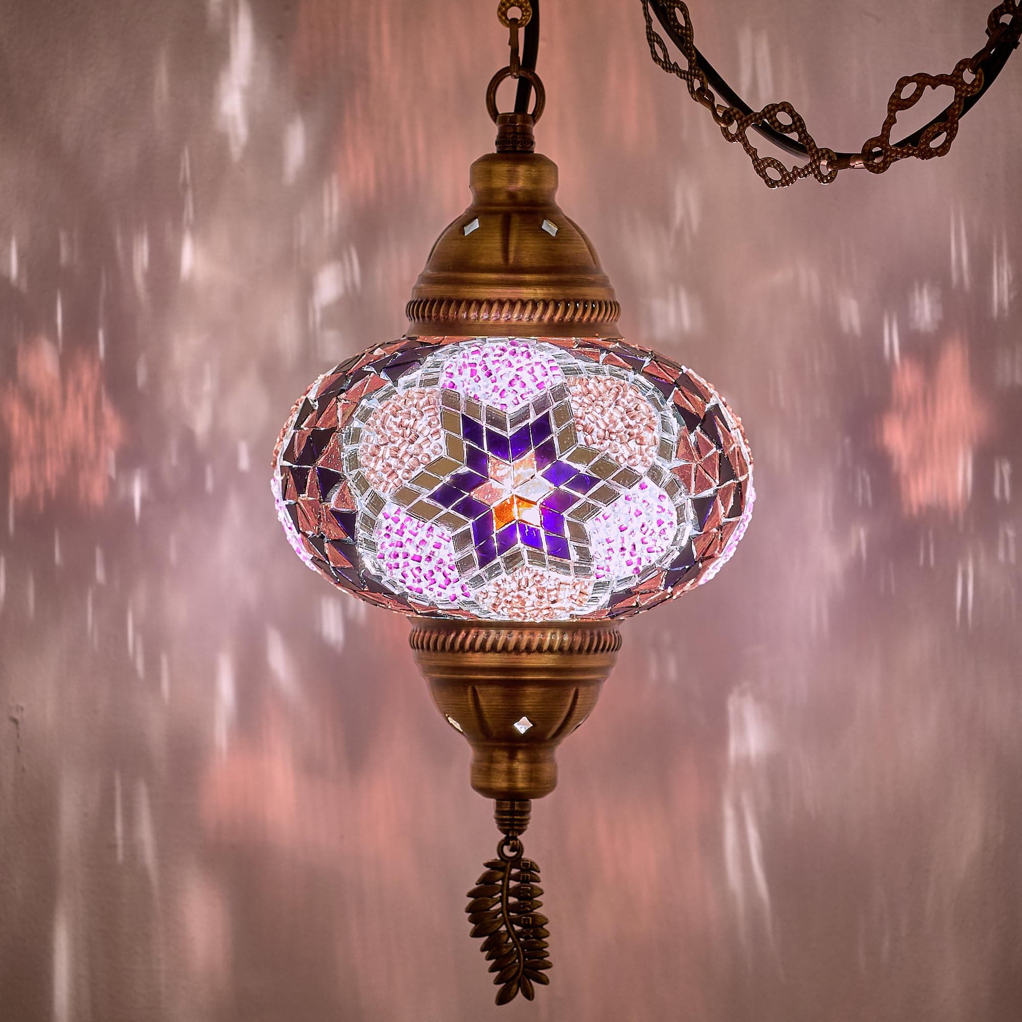 Authentic Turkish Plug in Pendant Light, 6.5" Big Size Globe, Made in Turkey, Turkish Moroccan Mosaic Ceiling Hanging Pendant Light Fixture Lamp, Swag Plug-in with 15ft Cord and Chain
