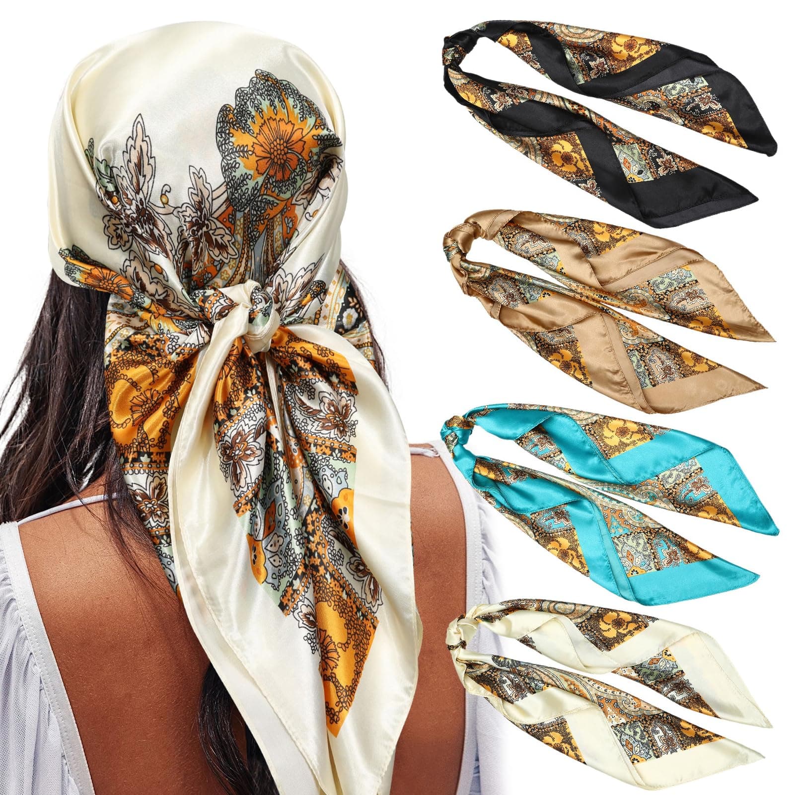 35” Large Square Satin Head Scarf - 3Pcs Hair Scarves Silk Bandana Headscarf Silk Feeling Scarf for Women