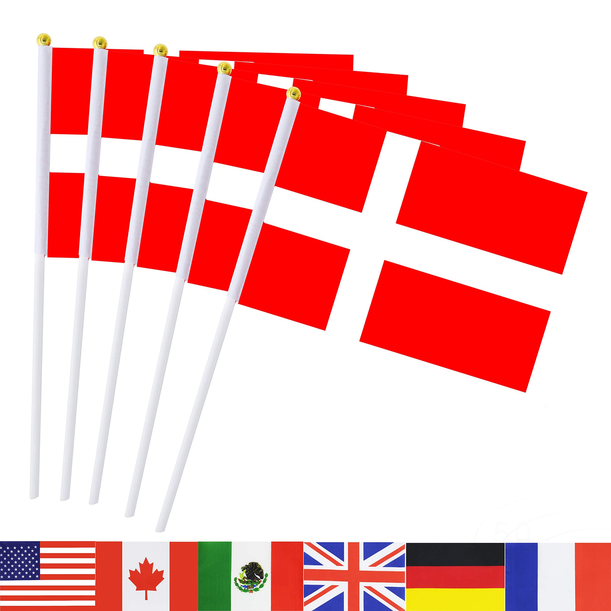 TSMD Denmark Stick Flag, 50 Pack Hand Held Small Danish Dane National Flags On Stick,International World Country Stick Flags Banners,Party Decorations for World Cup,Sports Clubs,Festival Events