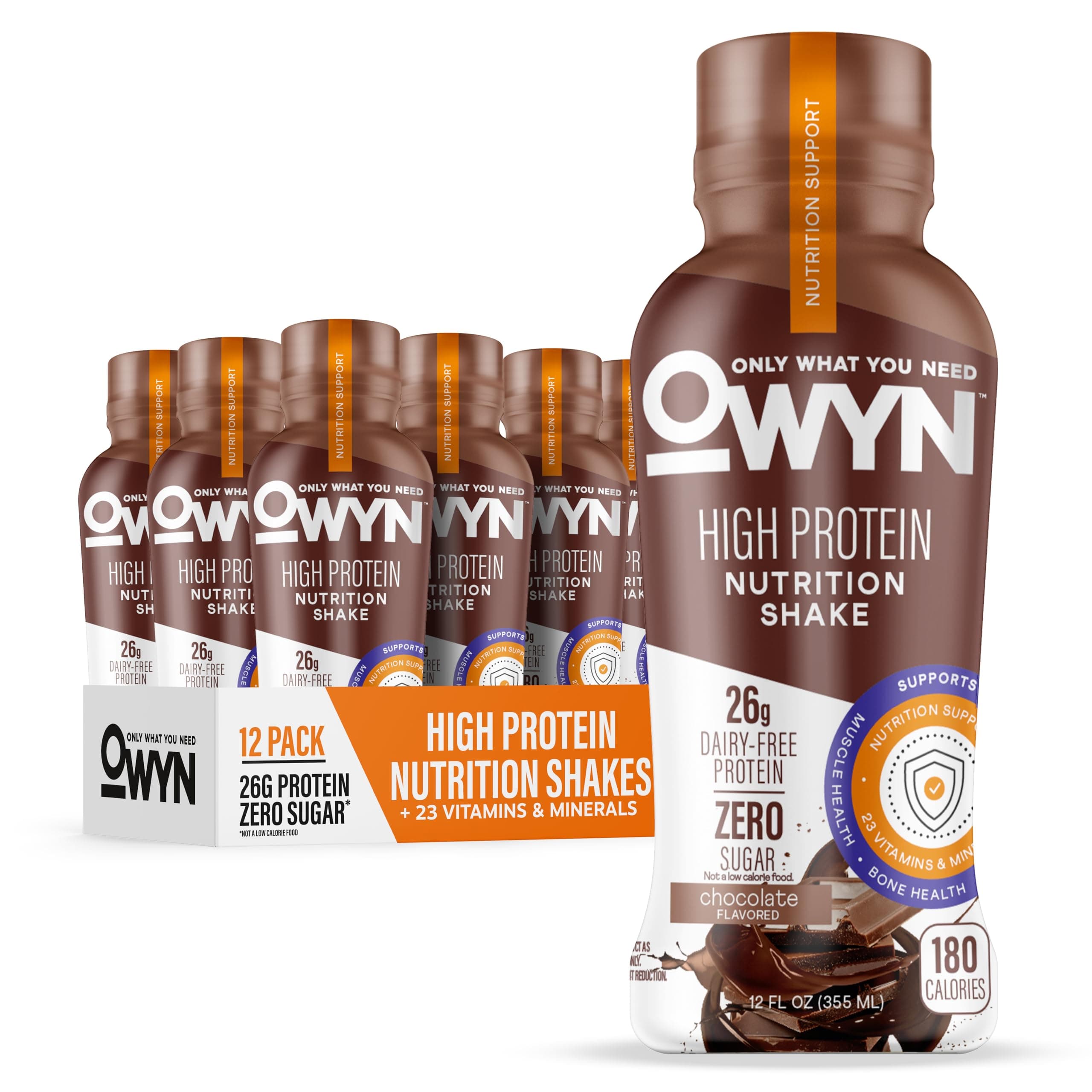 High Protein Shake, Chocolate Flavored, 26g Protein, 0g Sugar, 3g Fiber, Dairy Free, Plant Based Protein Drink, 12 Count