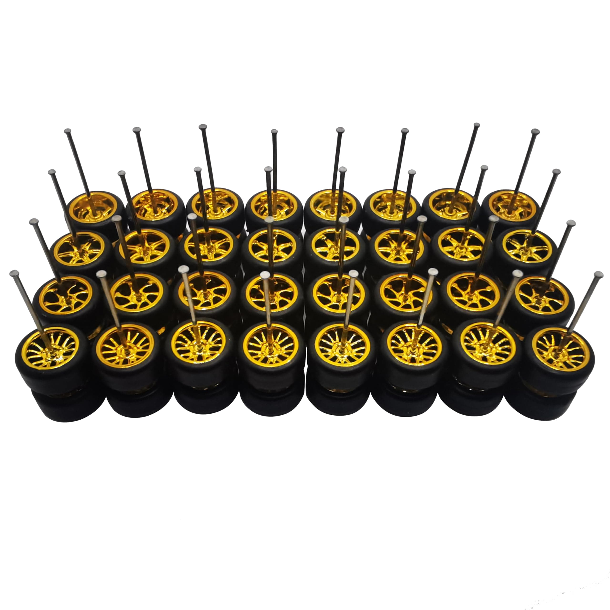 16 Set 1/64 Wheels and Tires Kit Simulation 1 64 Scale Wheels with Rubber Tires and Hub Suitable for Adding Collection Value to 1/64 Model Cars (Electroplated Gold)