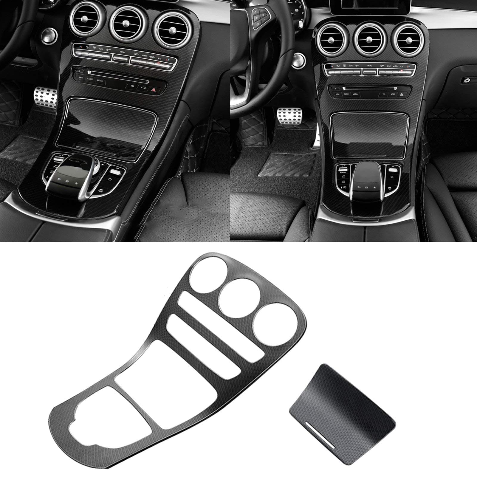 Center Console Gear Shift Panel Frame Cover Trim, Carbon Fiber Pattern, Compatible with Mercedes Benz C Class W205 2014-2018, GLC Class W253 2015-2018 (Without Clock)