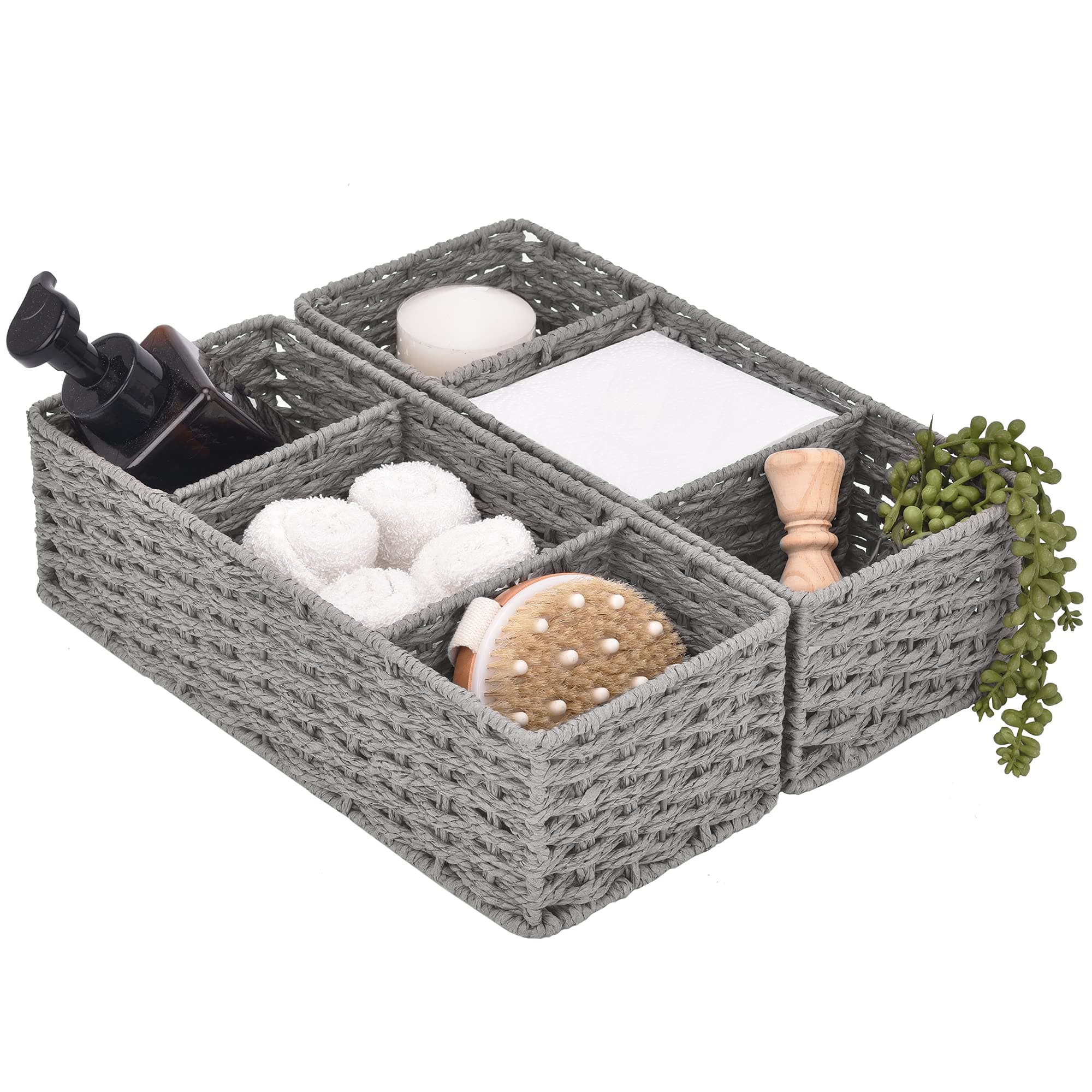 StorageWorks 3-Section Wicker Baskets for Shelves, Hand-Woven Round Paper Rope Storage Baskets, Pewter, 14.4" x 6.1" x 4.3", 2-Pack