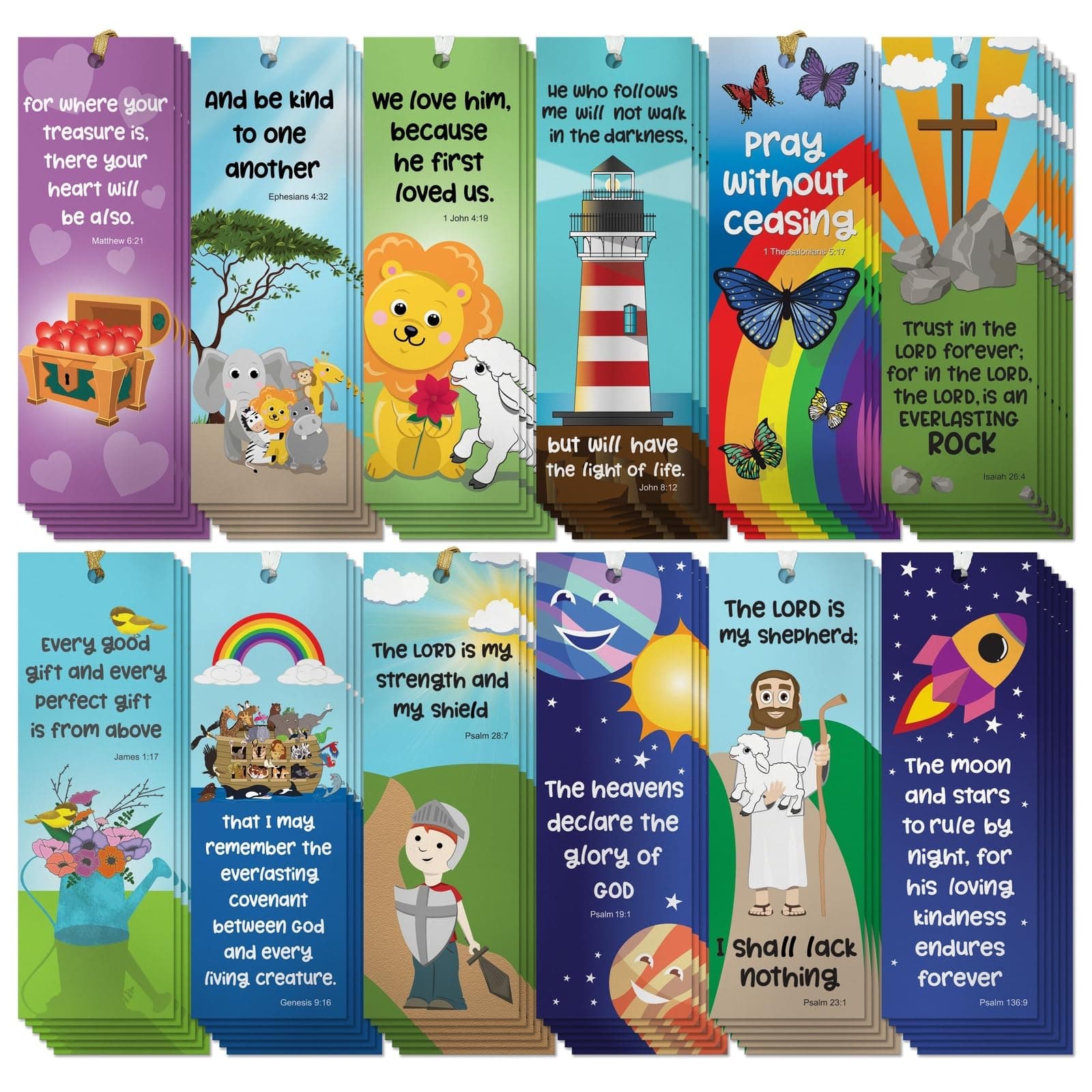 Bible Bookmarks for Kids - 72 Pack, 6" x 2", Multi-Color Cardstock Magnetic Tabs - Bulk Christian Kids Bookmarks with Bible Verse Quotes