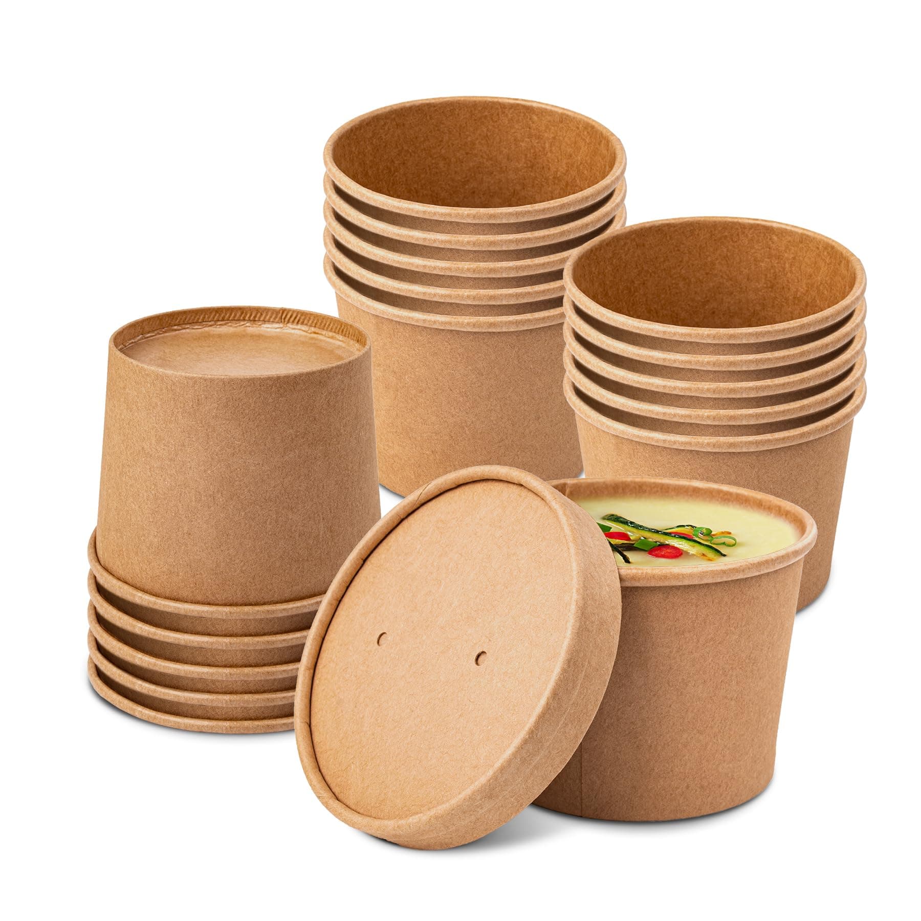 PakTalk 50 Pack Soup Containers with Lids, Disposable and Biodegradable Ice Cream Cups Kraft 12oz Paper Soup Bowls with Lids for Hot Drinking, Food, and Ice Cream (50 sets, 12 oz)