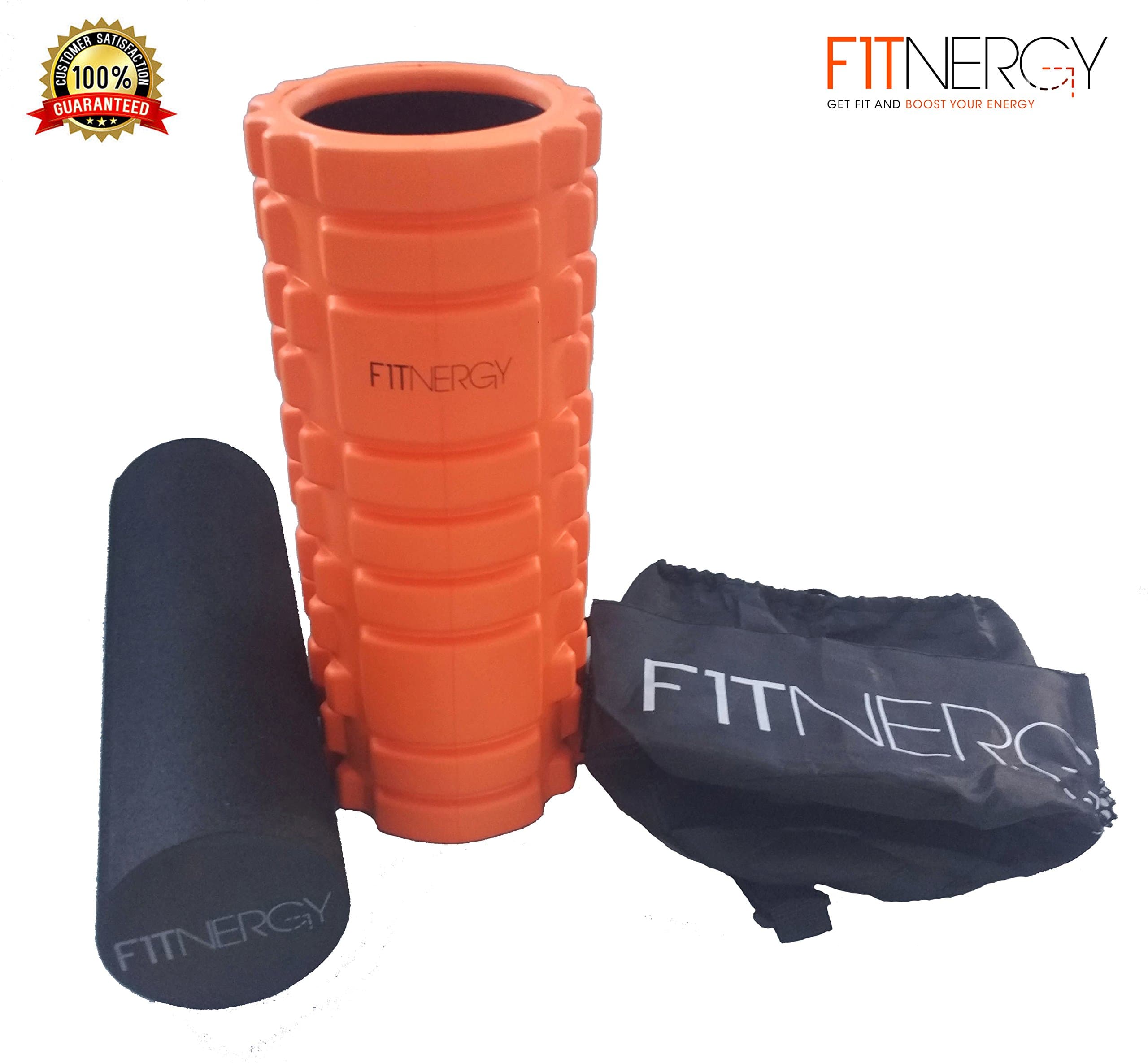 F1TNERGY 2 in 1 Foam Roller Trigger Point Massage + Extra Firm High Density + FREE CARRYING BAG : Painful Tight Back Muscles Physical Therapy Deep Tissue Exercise Smooth Rollers Shin Splints Yoga