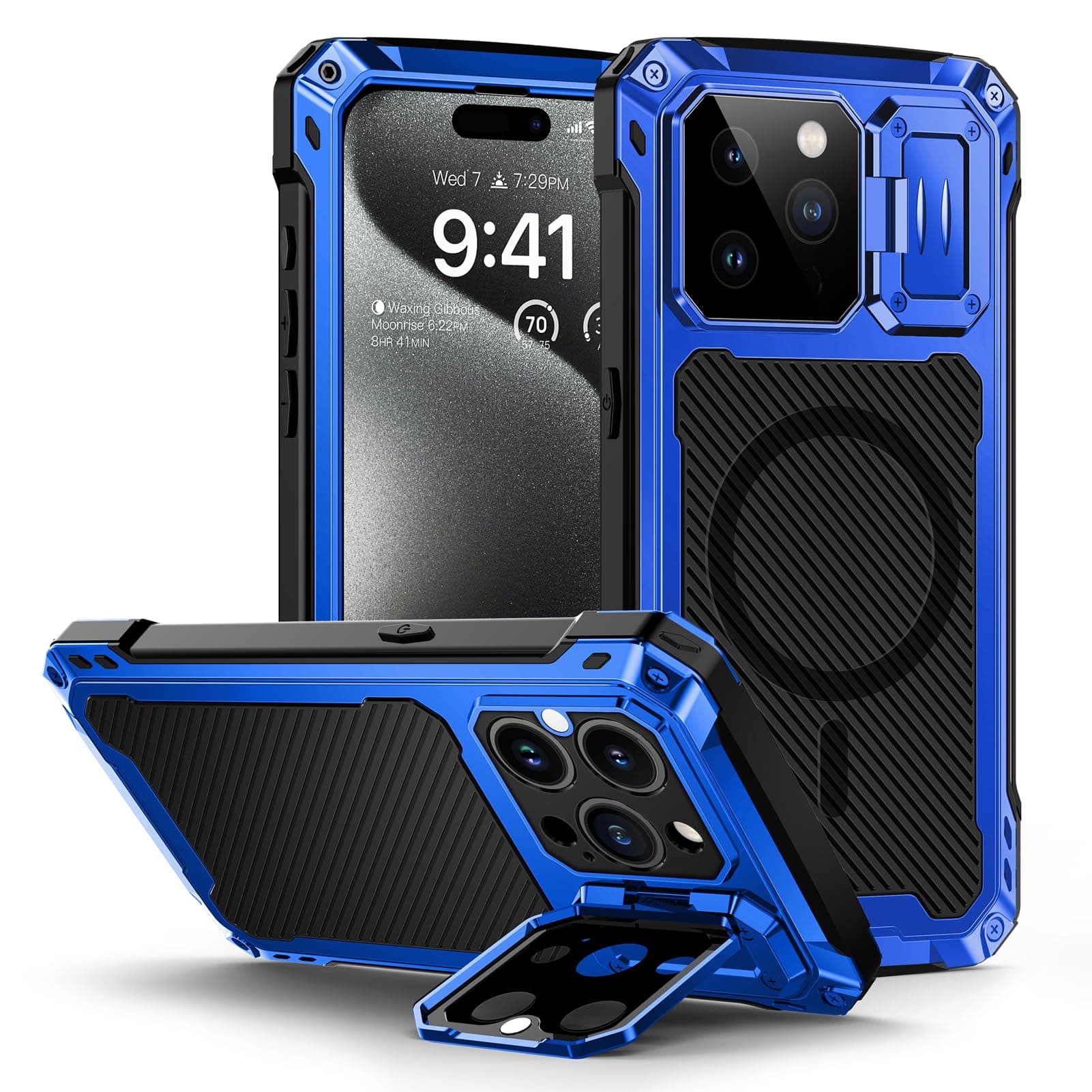 Lanhiem for iPhone 15 Pro Max Metal Case, [Built-in Camera Kickstand & Glass Screen Protector] Protective Heavy Duty Full Body Military Rugged Shockproof Magnetic Cover (Blue)