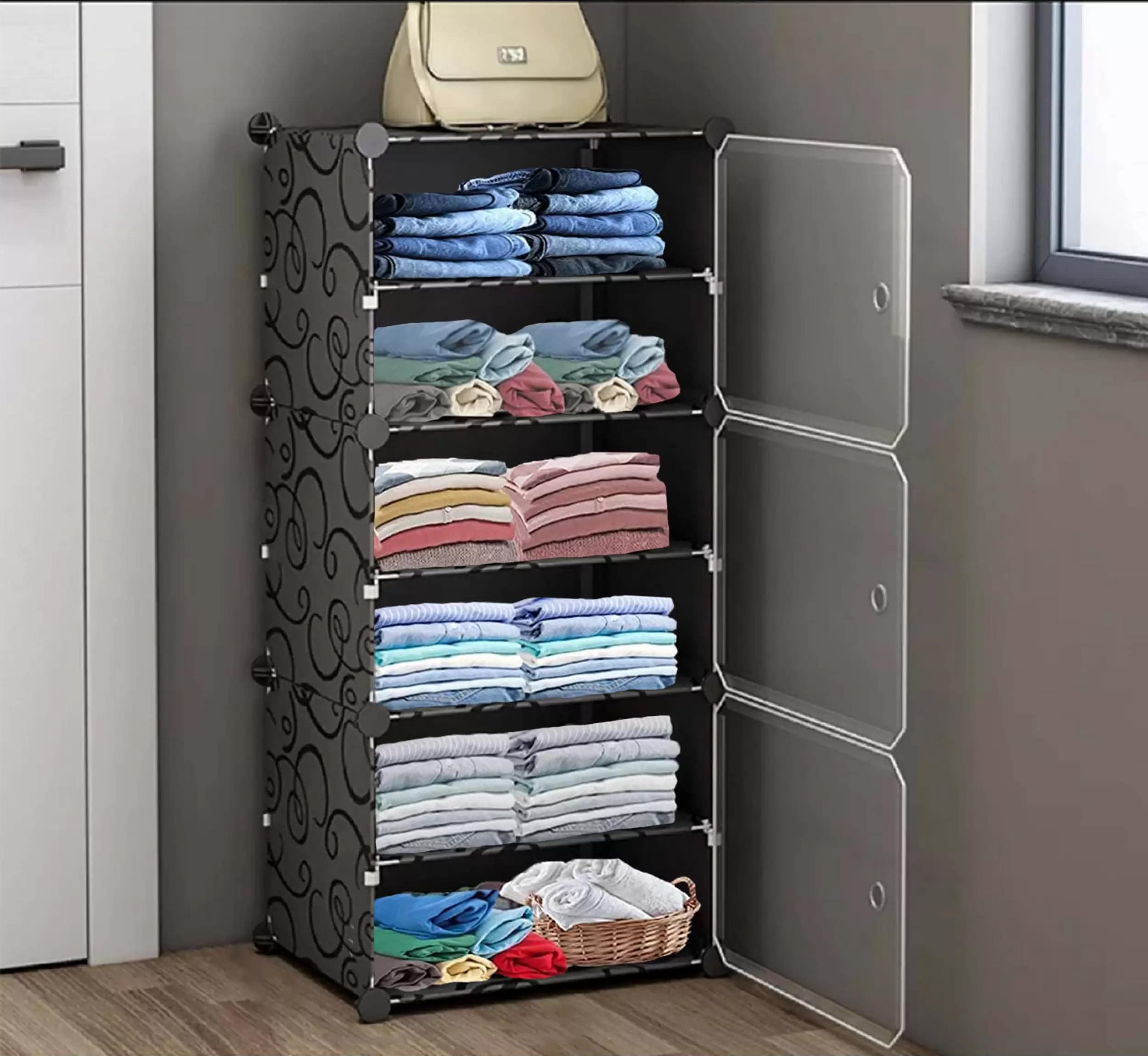 AYSIS Plastic Foldable Wardrobe for Clothes Storage, 6-Shelf 3-Door Collapsible Cupboard, Kitchen Storage Rack (Black, 44 x 32 x 158 Cm)