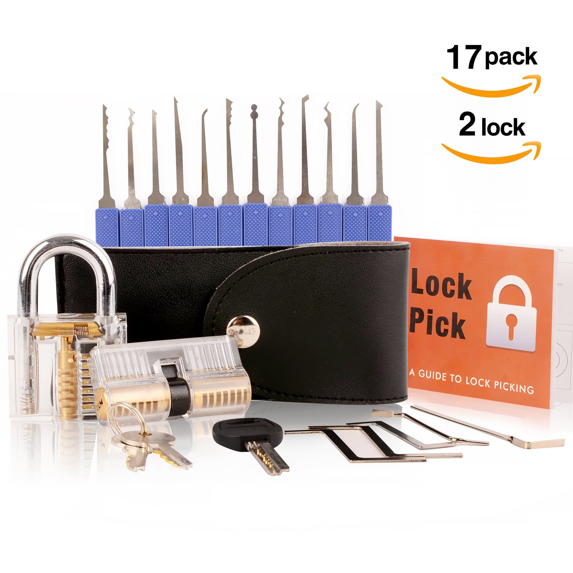 Lock Pick Set, Pootack 17-Pcs Lock Pick with 2 Transparent Padlock Tool Pro Locksmith Training Tool + Detail Training Instruction Manual