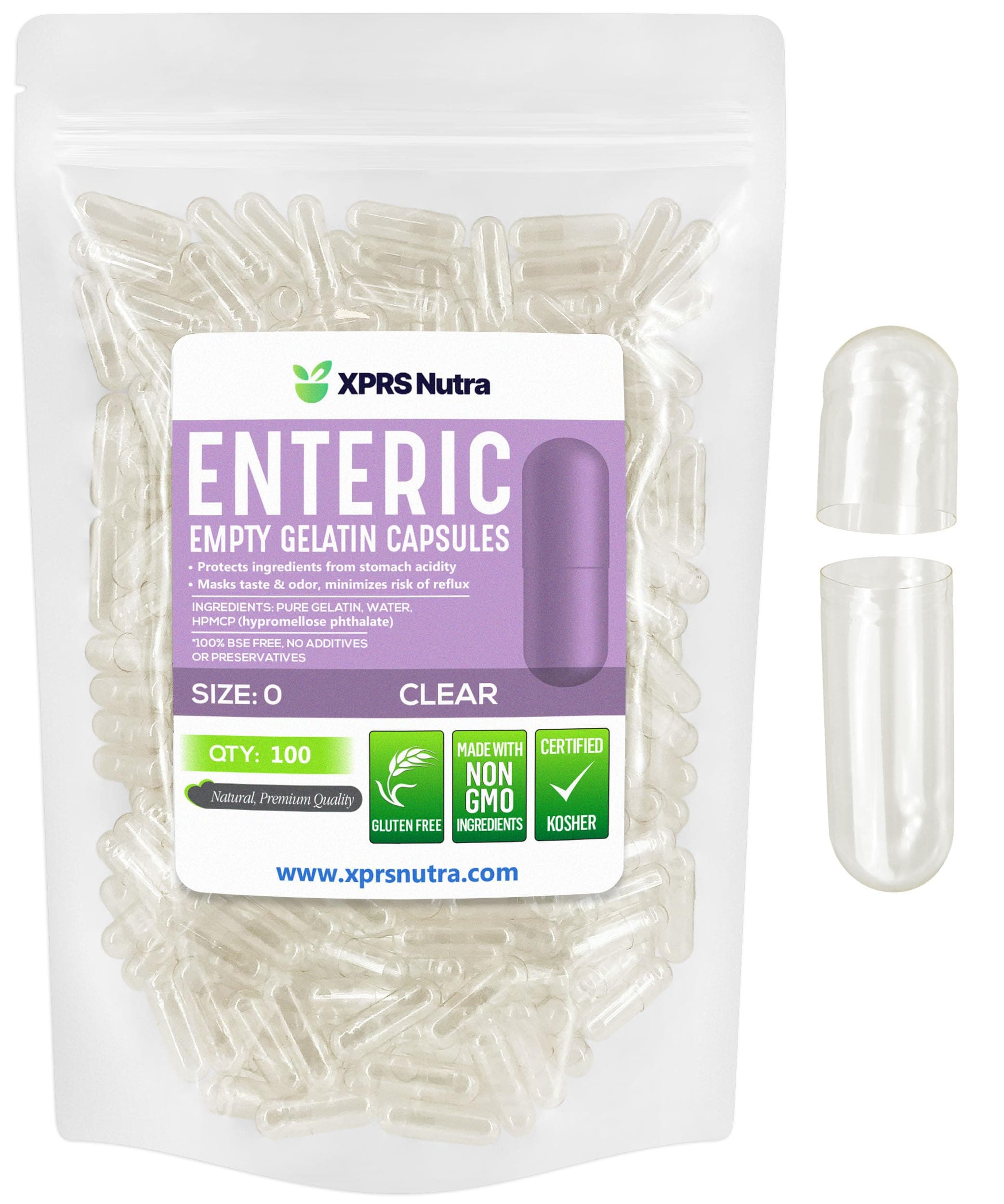 XPRS Nutra Size 0 Empty Capsules - 100 Count Clear Enteric Coated Empty Gelatin Capsules - Delayed Release Pills - DIY Capsule Filling - Pure Bovine Empty Enteric Gel Caps