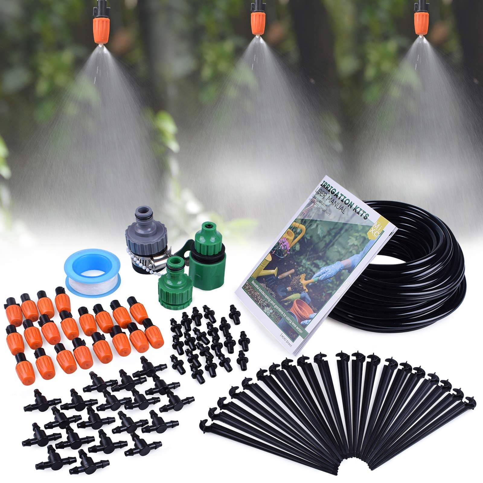 MIXC 15M/50FT Drip Irrigation System Kit, Easy to Setup Automatic Watering with Anti-UV 1/4" Tubing, Water-Saving Adjustable Sprinklers for Garden Greenhouse Allotment Potted Plants