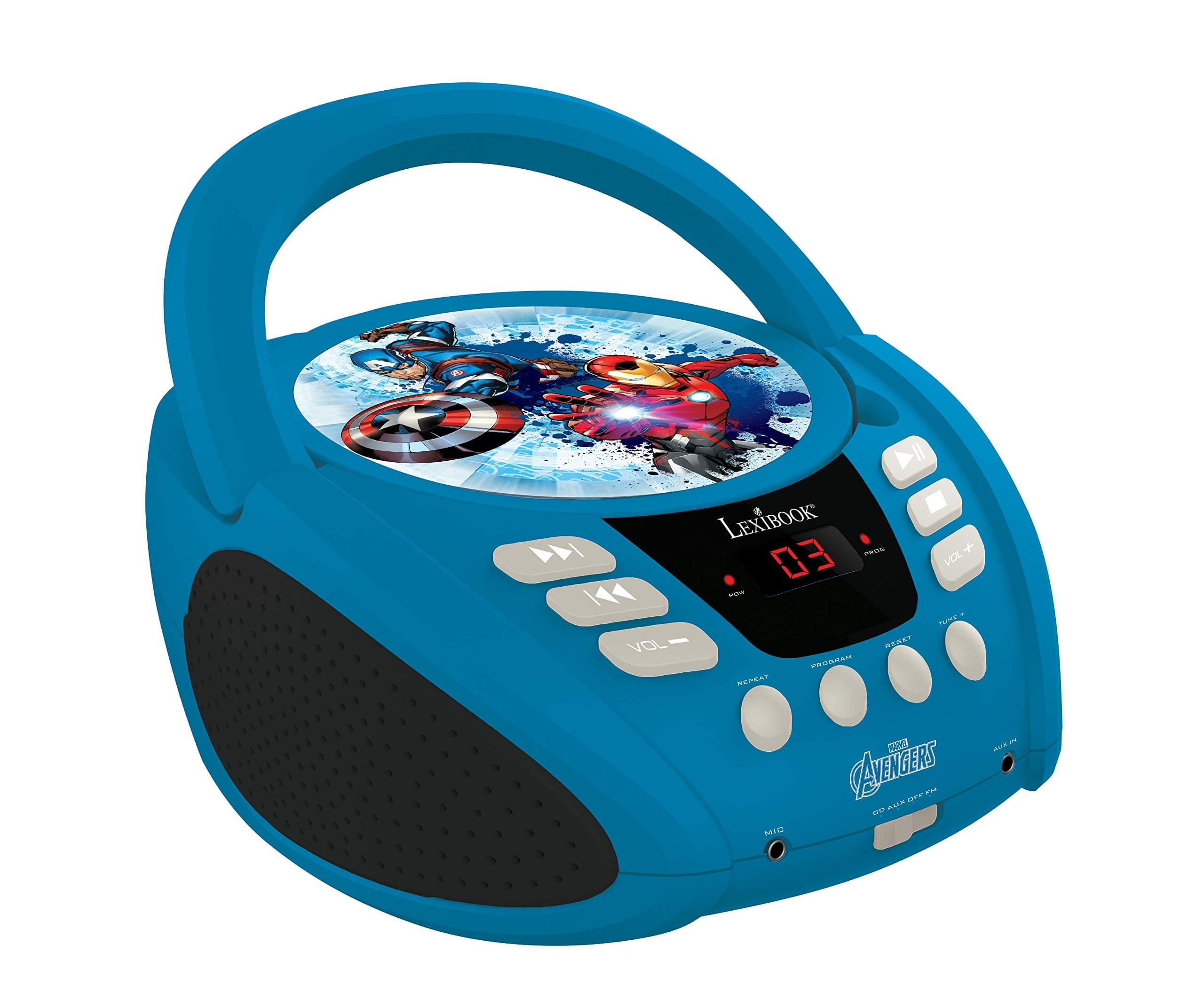 Lexibook Marvel The Avengers Iron Man CD player, microphone jack, aux-in jack, AC or battery-operated, Blue/Black, RCD108AV