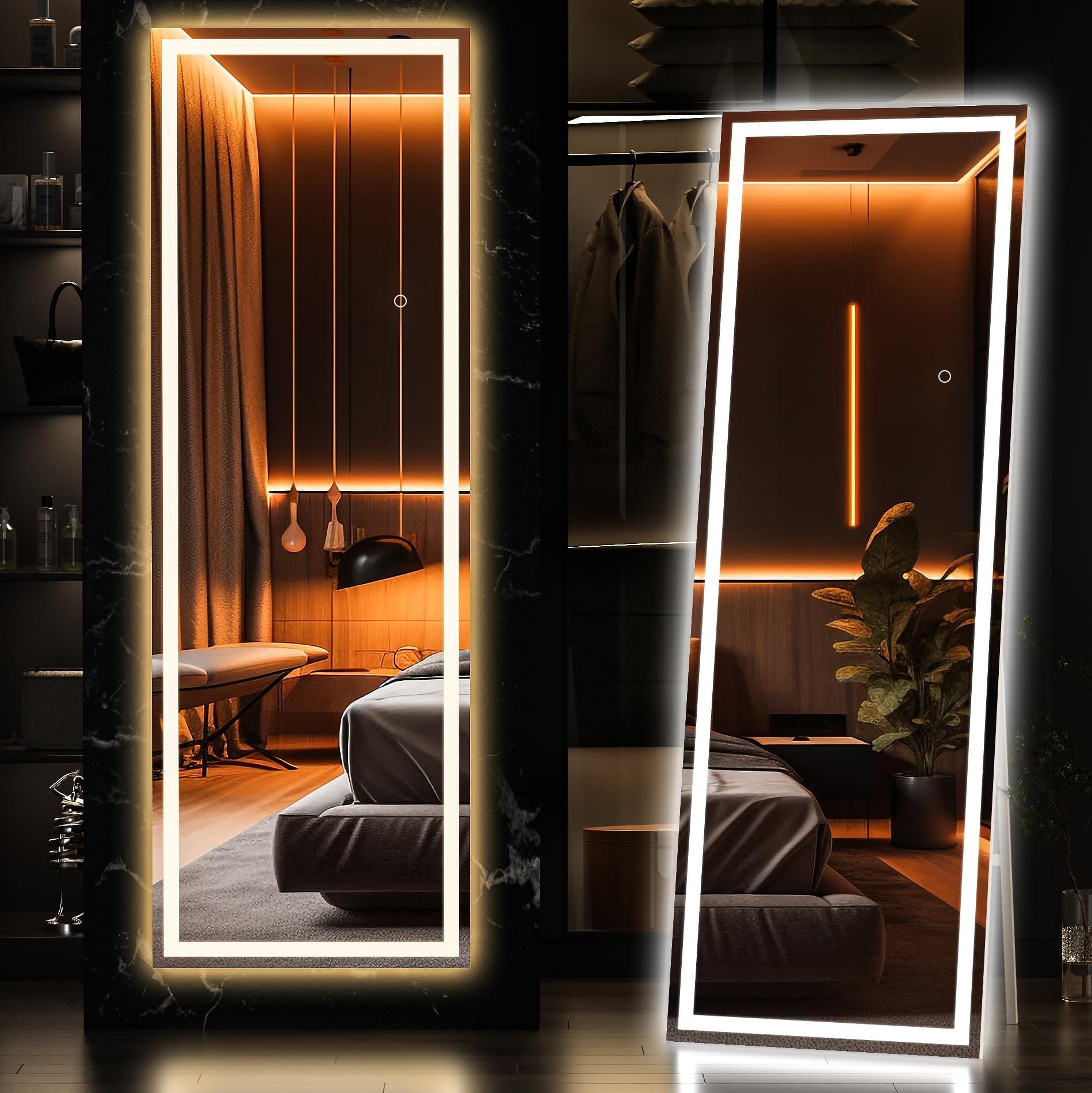 Full Length Mirror with Lights, 56" x 15.8" LED Floor, Full Body Dressing Standing, Hanging Mounted Mirror, Square White