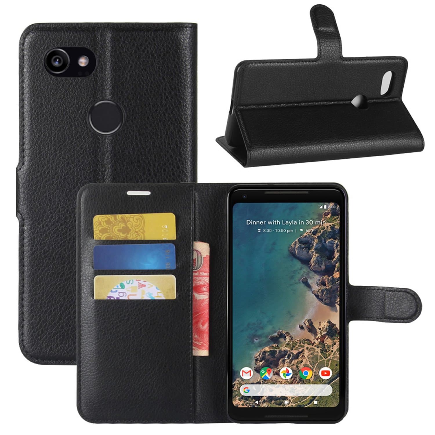 Google Pixel 2 XL Case, Premium PU Leather Magnetic Shockproof Book Stand Folio Flip Wallet Case Cover with Card Holder for Google Pixel 2 XL Phone Case (Black)