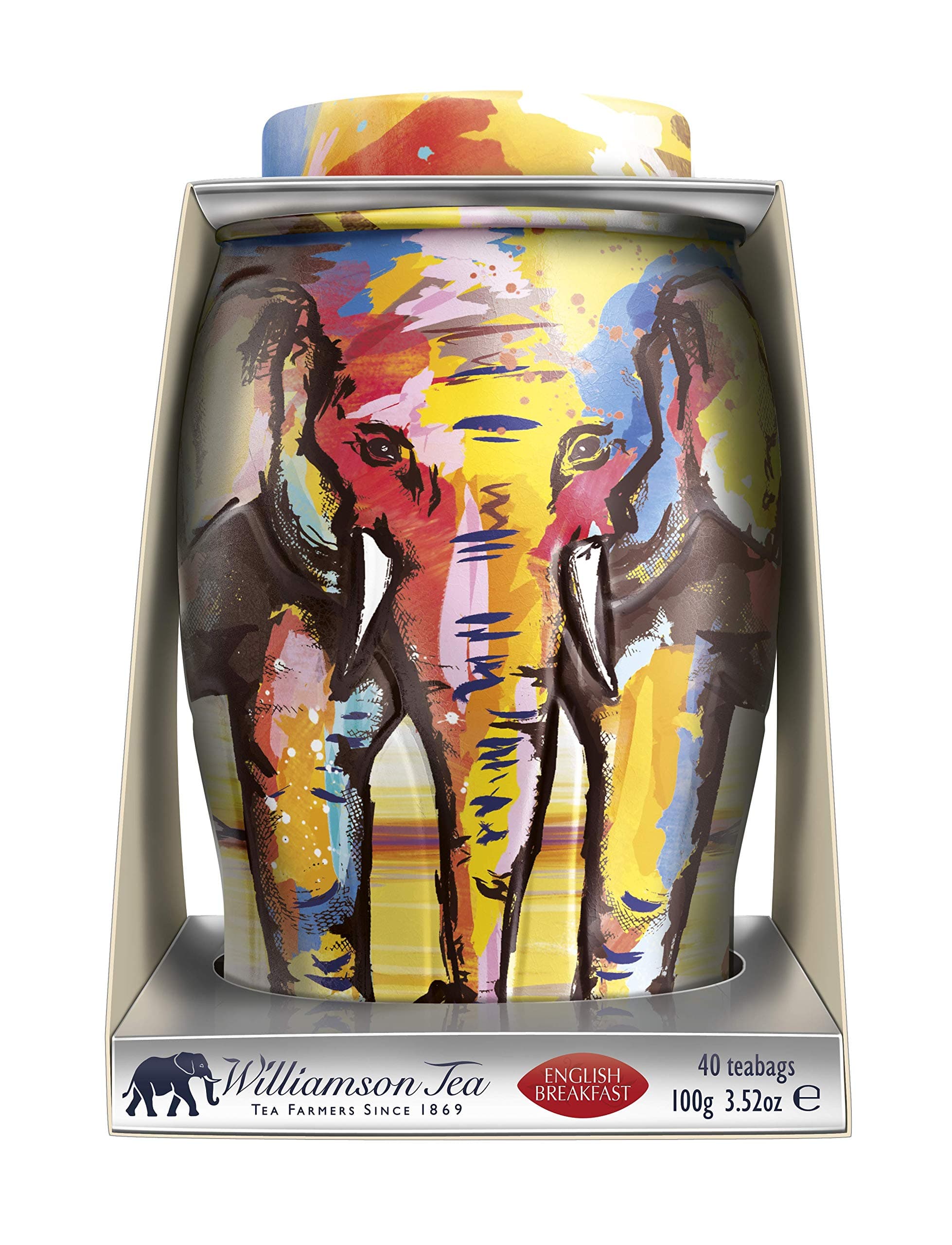 Williamson Painterly Summer Elephant Tea Caddy containing English Breakfast Tea Bags - 100g - 40 Individual Tea Bags - Limited Edition