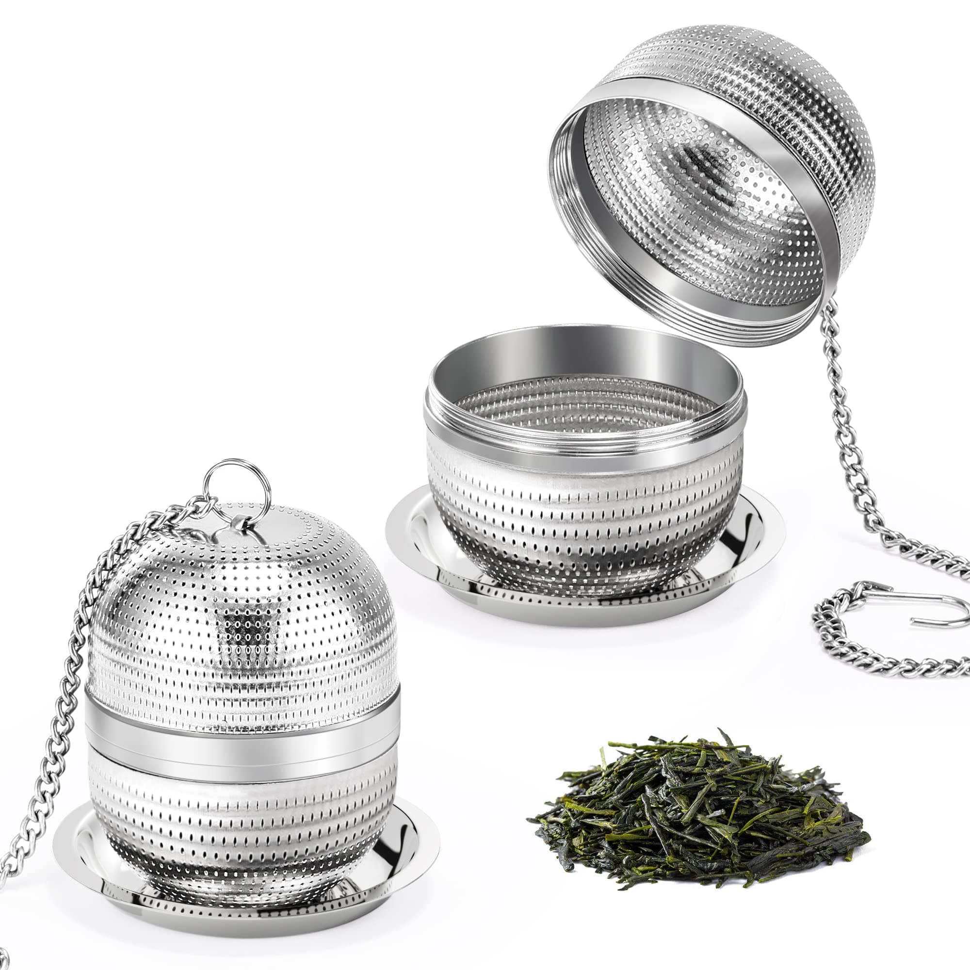 2 Pack Tea Infusers for Loose Tea, Extra Fine Mesh 18/8 Stainless Steel Tea Strainers, Loose Leaf Tea Steeper Tea Ball Tea Diffuser Tea Holder with Extended Chain Hook and Drip Tray