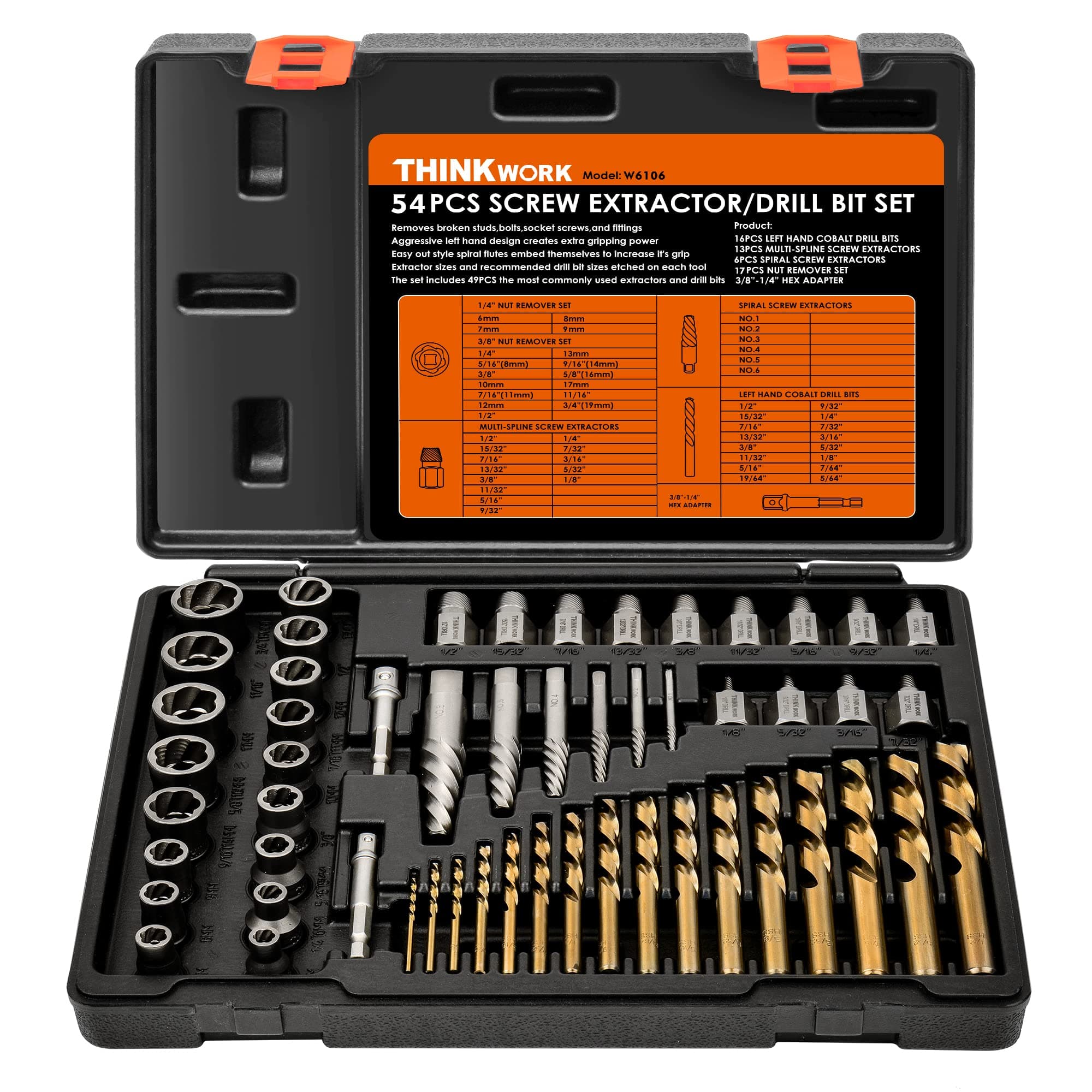 Broken Bolt Extractor Kit, 54 Pieces Easy Out Screw Extractor Set, Lug Nut Removal Tool with Left Hand Drill Bit Set for Removing Damaged, Frozen, Rusted, Rounded-Off Bolts, Nuts & Screws