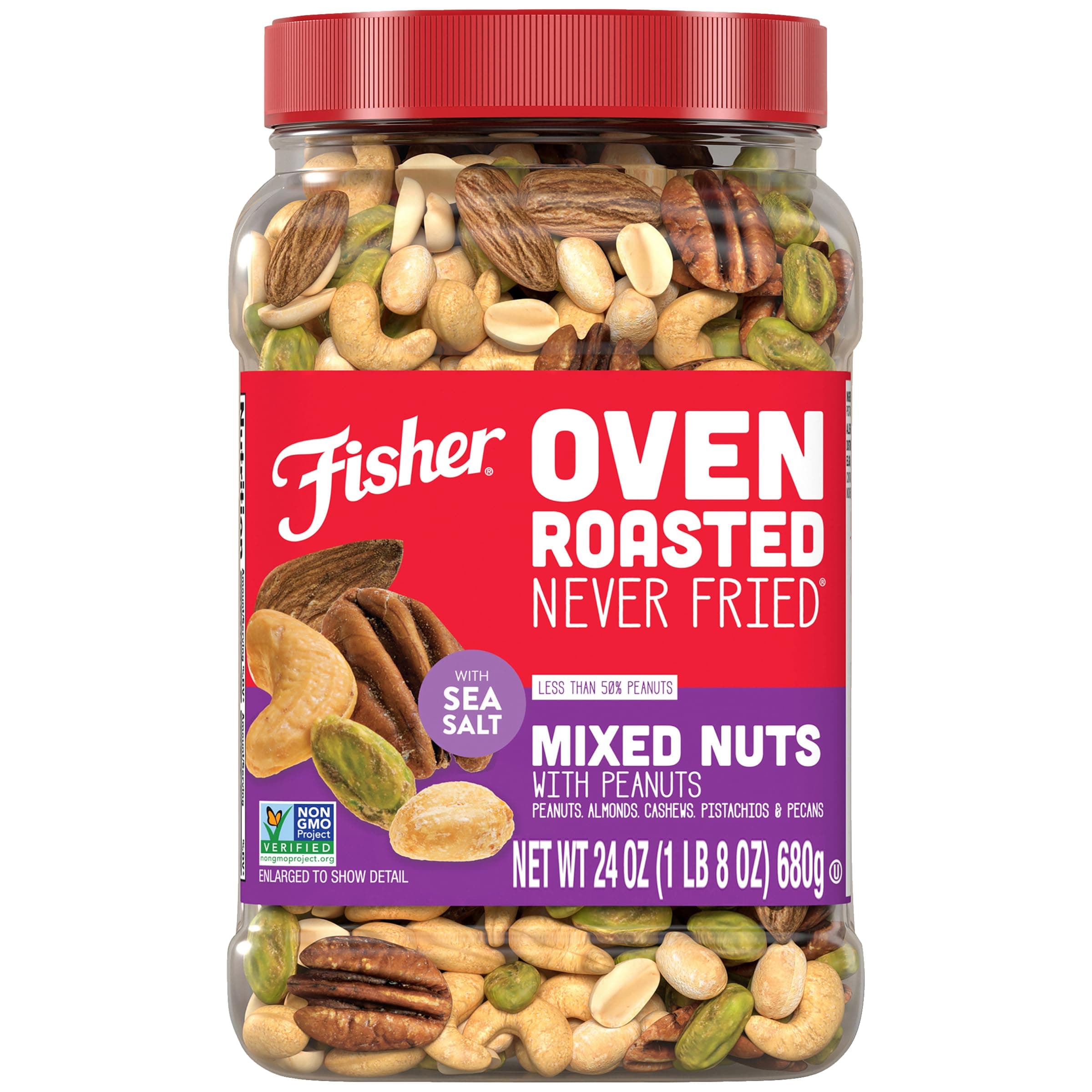 Fisher Oven Roasted Never Fried Mixed Nuts with Peanuts, 24 Ounces (Pack of 1), Peanuts, Almonds, Cashews, Pistachios, Pecans, Trail Mix, Healthy Snacks for Adults, Made With Sea Salt, No Added Oils