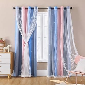 XiDi Dream Star Blackout Curtains for Kids Rooms Girl Princess Curtain for Daughter Bedroom Window (Pink Grey Blue, W52 X L63)