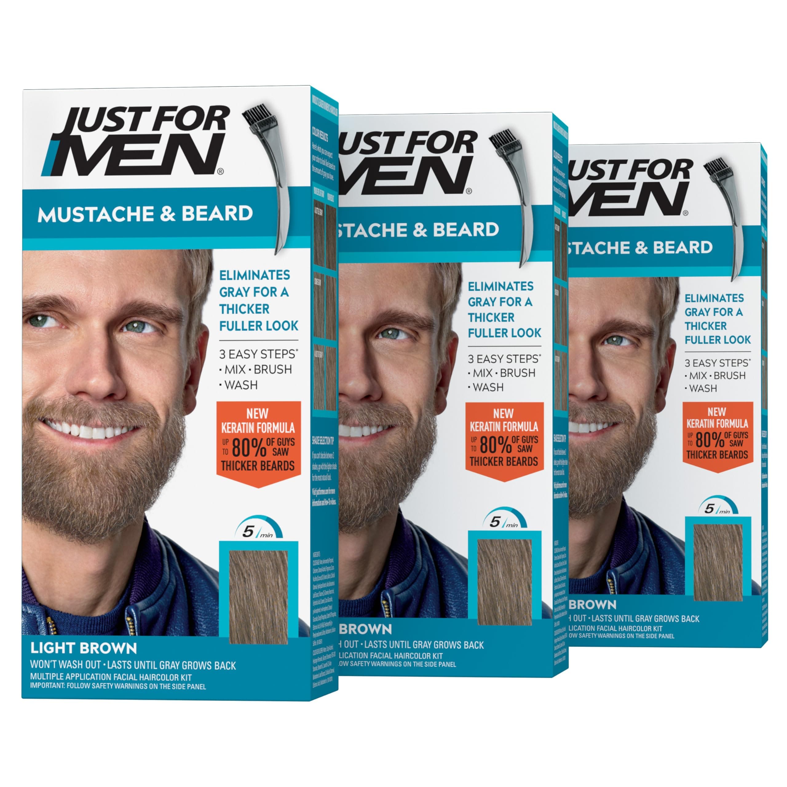 Brush-In Mustache, Beard And Sideburns, Light Brown - Kit ( Pack of 3 )