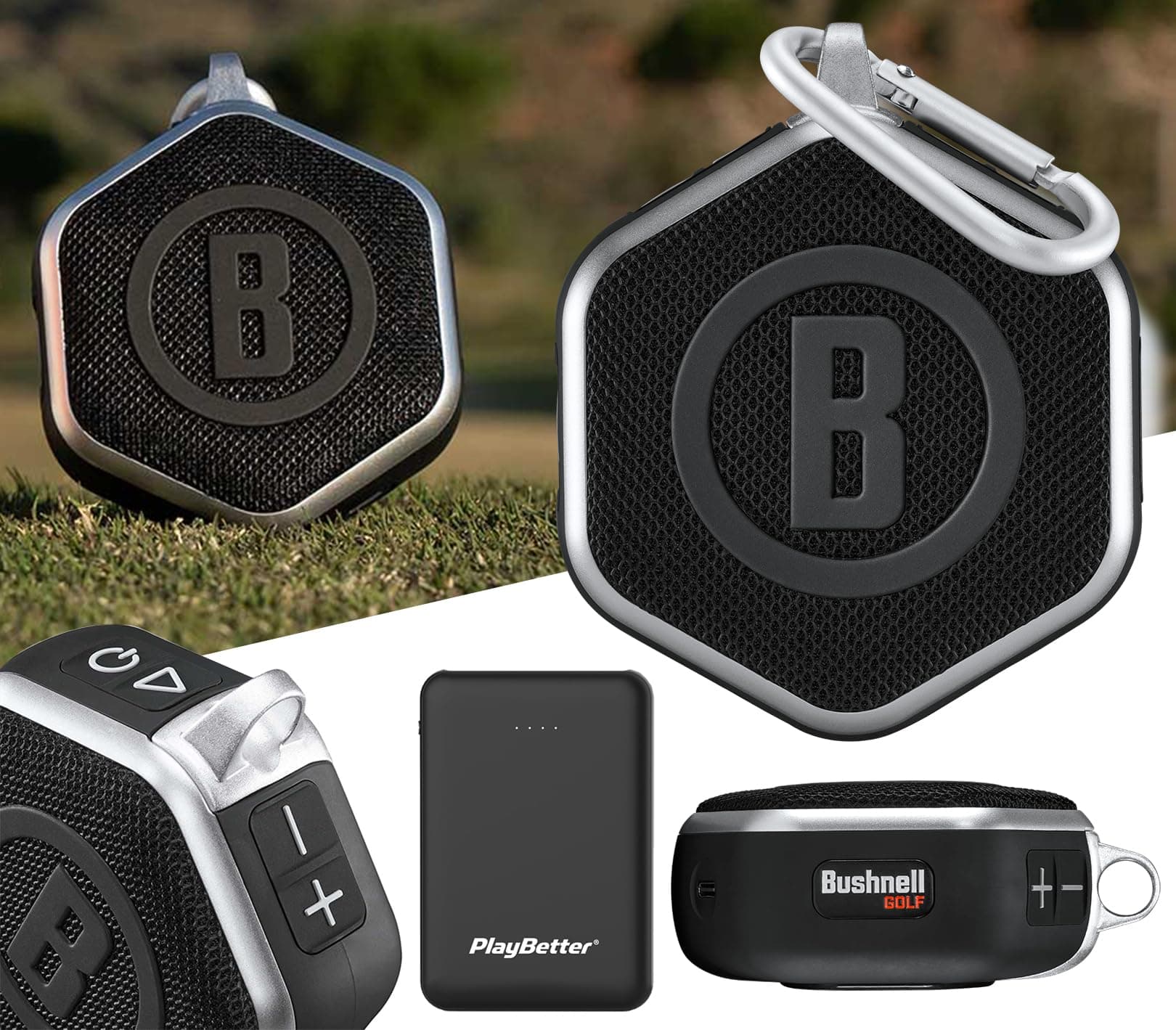 2023 Bushnell Wingman Mini (Silver/Black) - Magnetic Golf Speaker Bundle with PlayBetter Portable Charger | Bluetooth Music Speaker & Audible Distances for Golf Cart | 36,000+ Courses