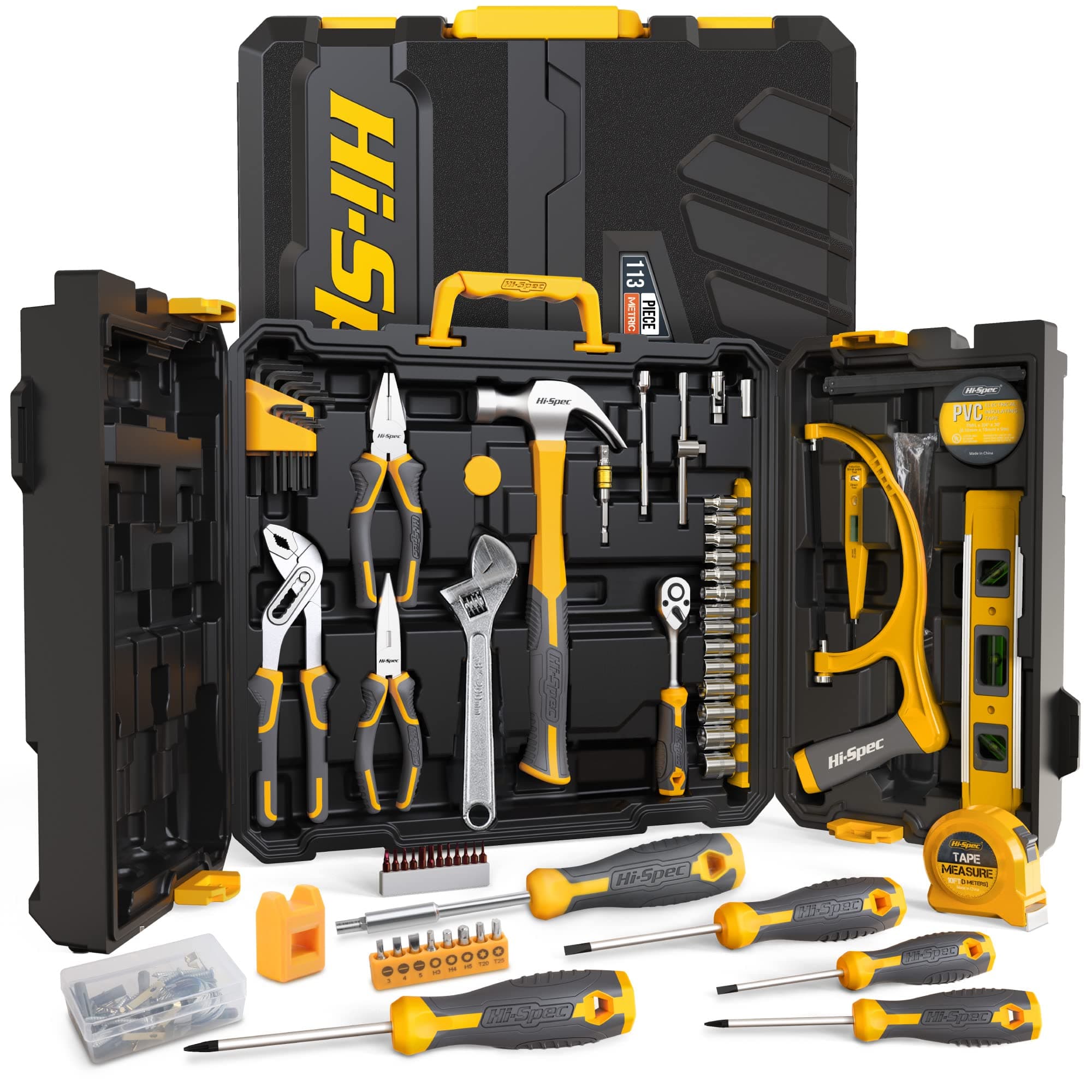 Hi-Spec 113-Piece Hand Tool Set – Complete Tool Kit for Home & Professional Use, Includes Toolbox & Essential Tools
