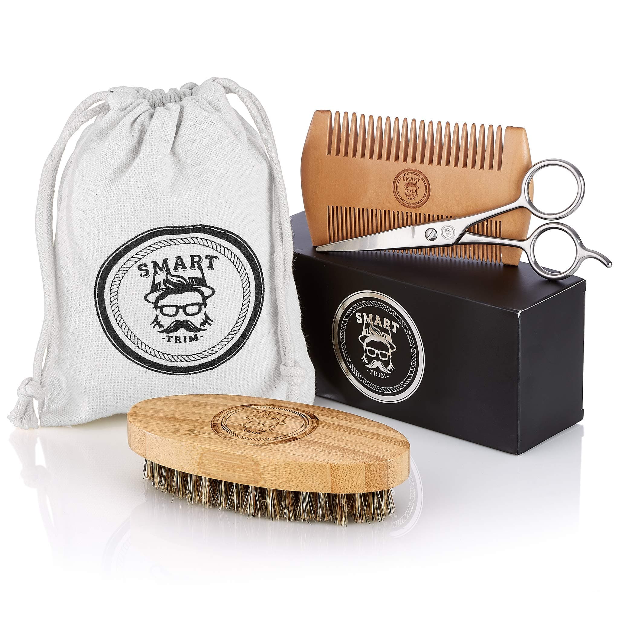 Smart Trim Beard Grooming Kit for Men - Includes Sturdy Boar Bristle Beard Brush, Beard Comb & Scissors - 3 in 1 Beard Care Kit for Men - Promotes Healthy Facial Hair Growth - Compact Beard Kit for Beard/Mustache Grooming - Cotton Gift Bag Included