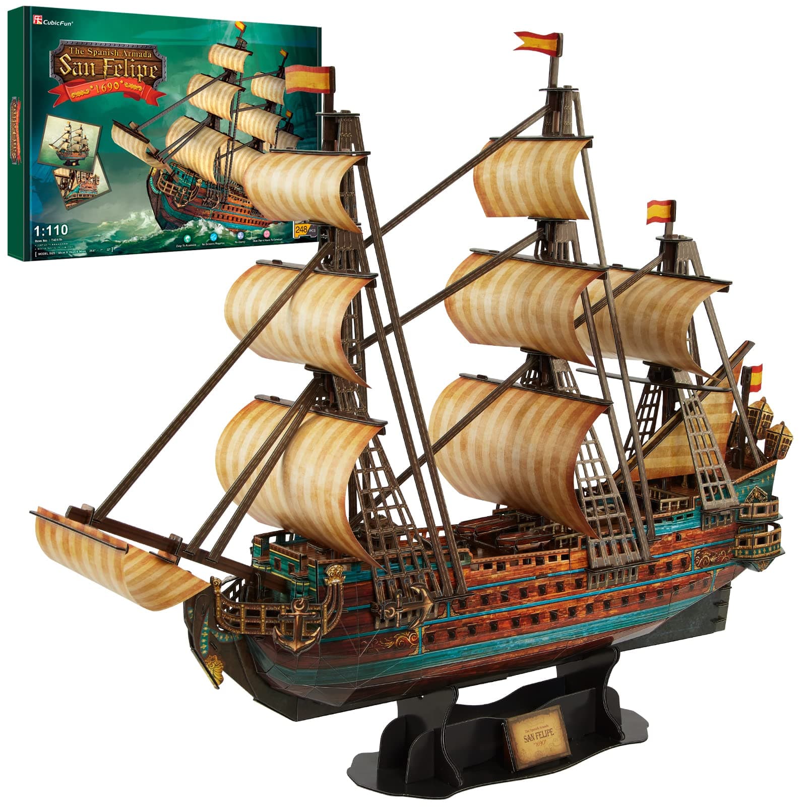 CubicFun 3D Puzzles Model Ship Boat Construction Kit the San Felipe Hard Puzzle Ship Toy Gift Papercraft Decoration for Adults and Kids, 248 Pieces