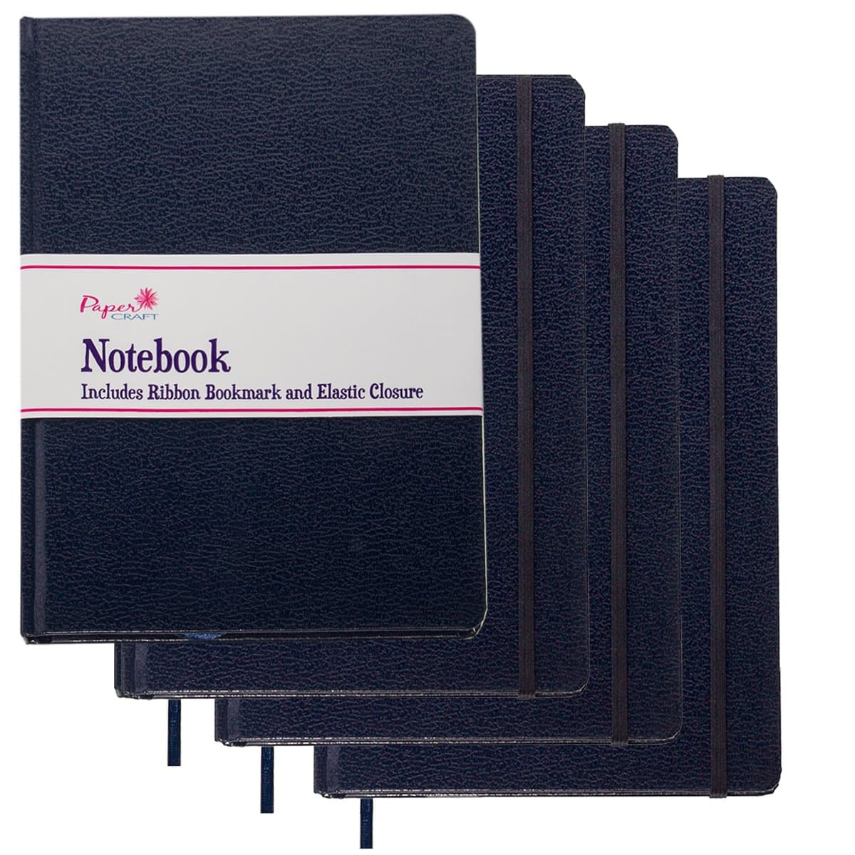 Paper Craft (4 Pack) 8.5 x 5.5 Leatherette Lined Writing Journals Wide Ruled Banded Notebook With Ribbon Bookmark, Navy Blue, (a5 Size)